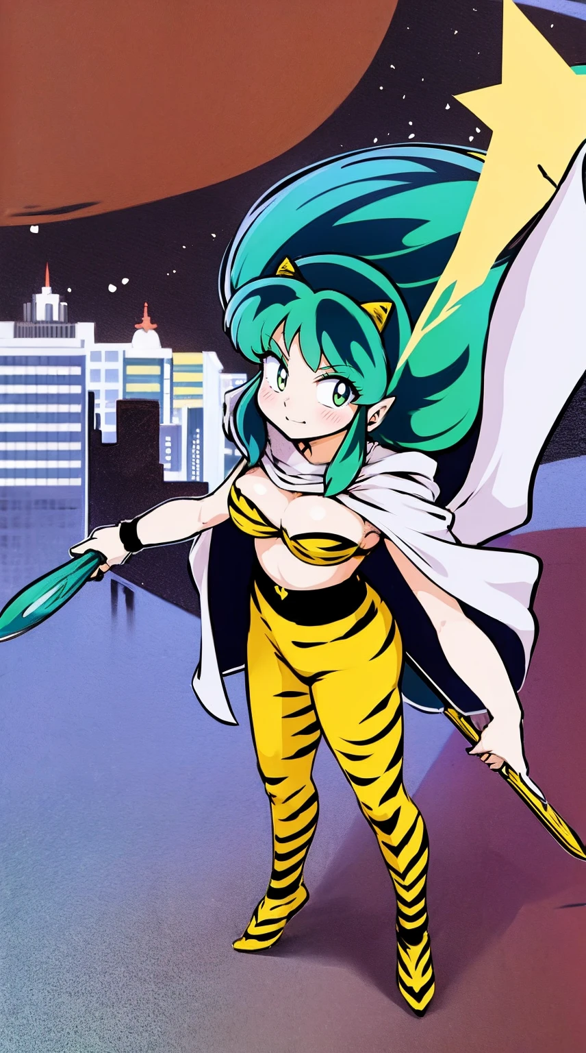 lum, , superhero costume, urusei yatsura, cloak, pants, pullover, lance holding, weapon holding, standing, sharpteeth, city background, refsheet
