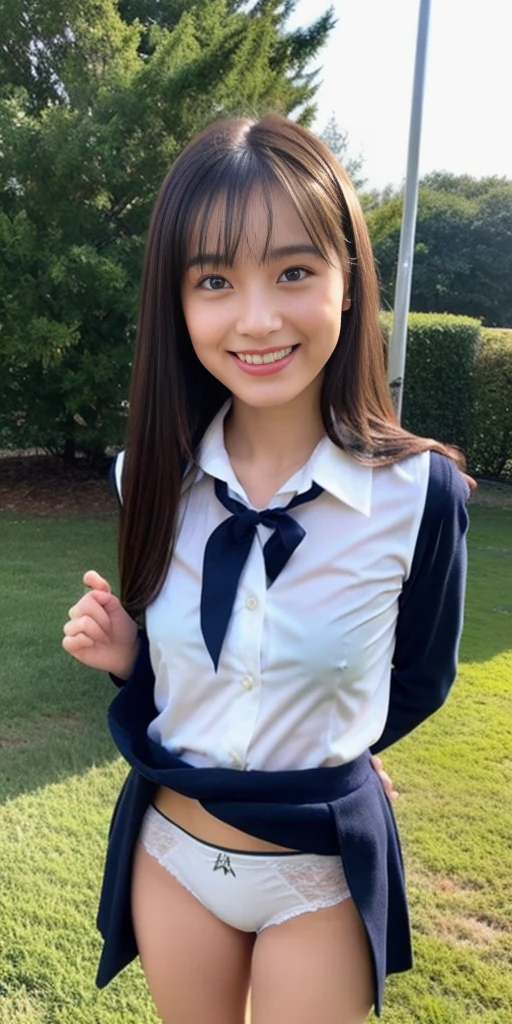 Neat and clean girl、Outside the field、(Slimed)、Photorealsitic、detaileds, Skin Texture, ultra-detailliert、Delicate and sexy collarbone、A smile、Super Detailed Face、Detailed lips、A detailed eye、tiny chest、Smaller chest、small tit、Small、flat breast、Chest emphasis、Bright face、((is standing、Schoolgirl Uniform、White panties are visible from the skirt、Sheer white shirt、Navy blue ribbon at the collar、Dark blue pleated micro mini、slightly lift the hem of the skirt with both hands,,,,,,,,,,,,))