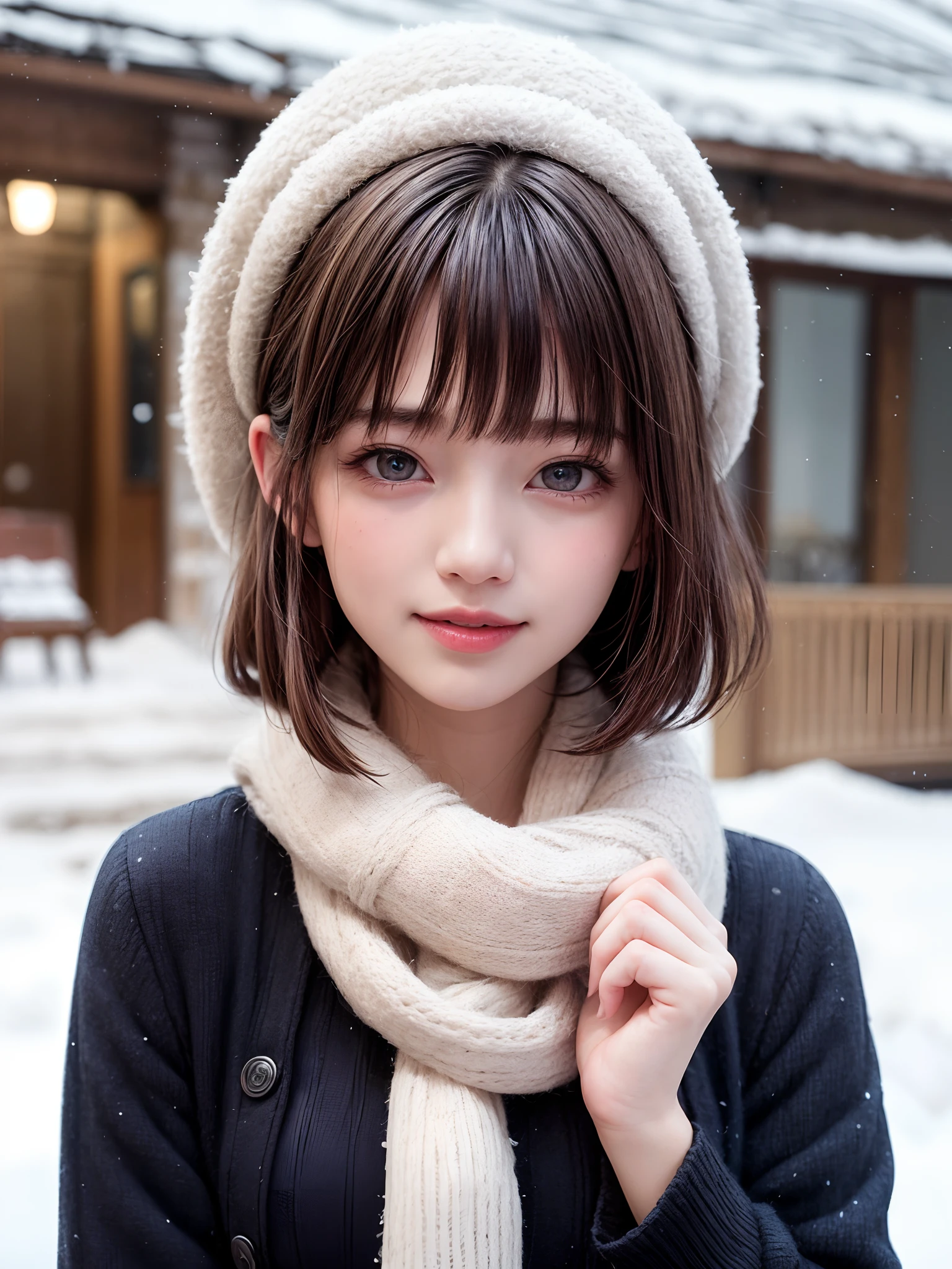 (​masterpiece, top-quality),1girl in, 独奏, A dark-haired, scarf, Hats, realisitic, realisitic, looking at the viewers, black eyes of light color, Brunette Short Bob Hair, Brown coat, Winter clothes, White headscarf, s lips, bangss, plein air, a closed mouth, The upper part of the body、big eye、Lashes、((Beautiful landscape of sparkling snow))、(((Shorthair with bangs、big eye、large full breasts、gazing at viewer、Beautiful beauty、Put your ears out、long neck、little smiling、Close your mouth and smile)))、