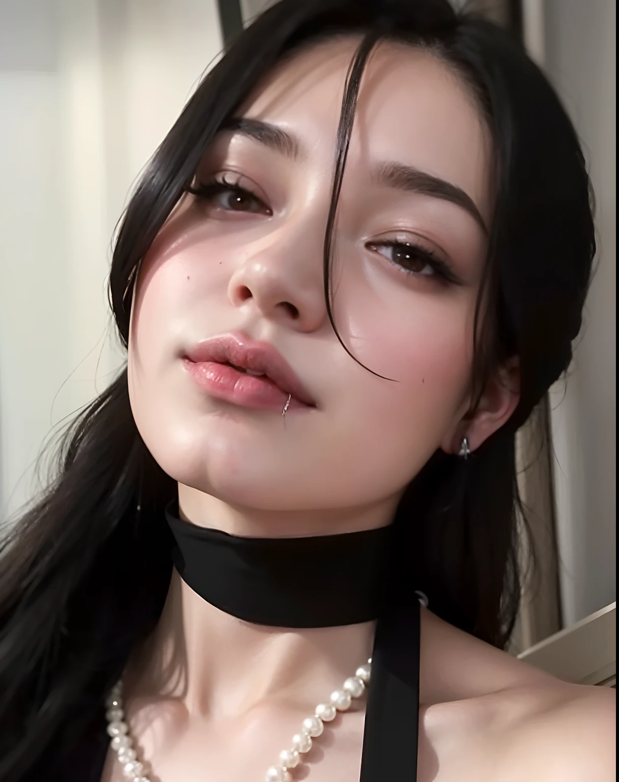 A closeup of a woman with a choke and a pearl necklace, Retrato sedutor de Tifa Lockhart, Tifa Lockhart, Tifa, cruel korean goth girl, Retrato de Tifa Lockhart, kanliu666, Tifa lockheart, cara ahegao, Retrato de Tifa Lockhart, menina coreana, anime hiper realista, Mulher coreana, Tifa Lockhart com cabelos brancos