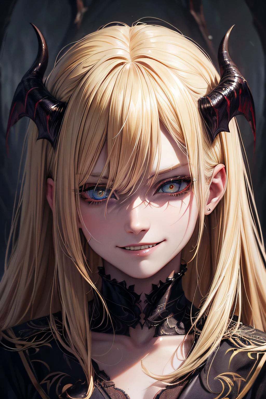 (blond hair, detailed eye color, sharp facial features), (medium: oil painting), (demonic appearance), (sinister smile), (dark background), (highres, ultra-detailed), (dark fantasy art style), (vivid colors), (subtle illumination)