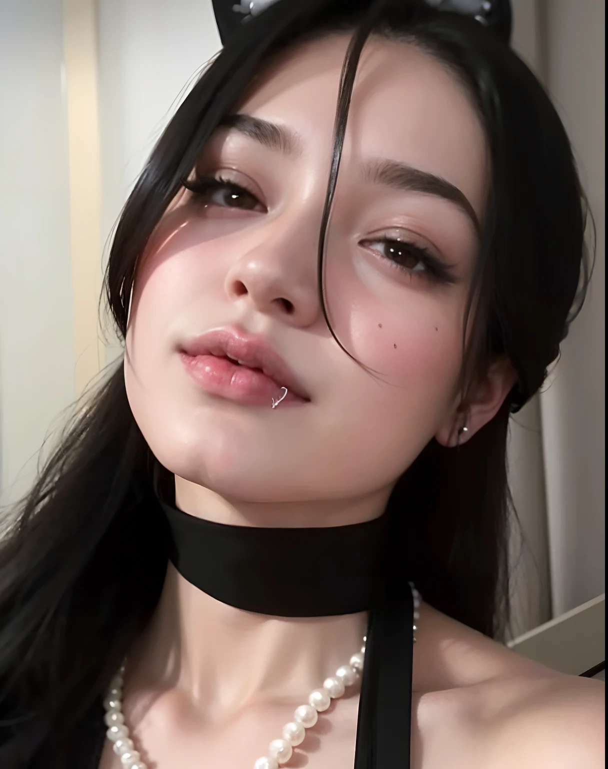 A closeup of a woman with a choke and a pearl necklace, Retrato sedutor de Tifa Lockhart, Tifa Lockhart, Tifa, cruel korean goth girl, Retrato de Tifa Lockhart, kanliu666, Tifa lockheart, cara ahegao, Retrato de Tifa Lockhart, menina coreana, anime hiper realista, Mulher coreana, Tifa Lockhart com cabelos brancos