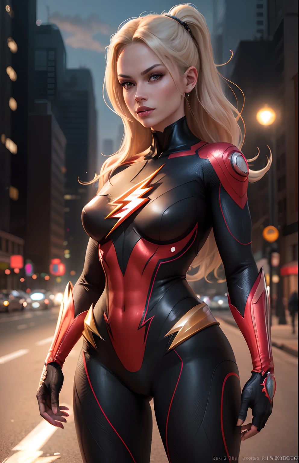 ((Flash woman)) , blonde , medium hips, (( ultra realistic )), TM Ninja white,Icons, vibrant colors, vector style, digital art, 4k, intricate details, Mesmerizing, professionally made, Beautiful vector Illustration, 12k resolution, ..3d, all characters full-length detailed, ((highly detailed)), ((vibrant)),((Ultra high quality)), ((hyperrealism)), ((photorealism)), [ octan render], in the city, many cars (realistic)