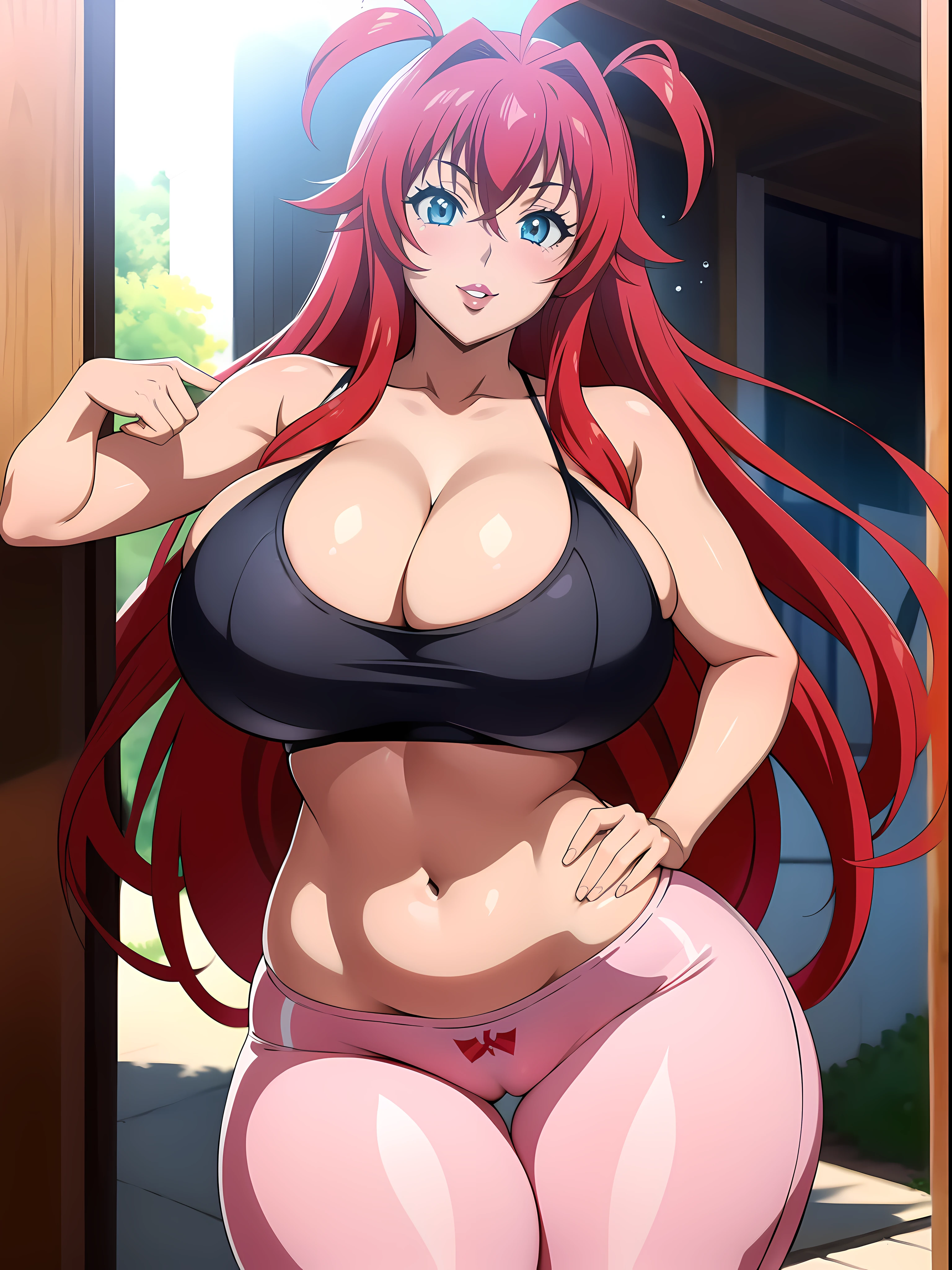 Highschool dxd, Rias Gremory, 1girl, (((bimbo))), blue eyes, puffy lips, painted lips, thick lips, wide hips, thick thighs, big breast, huge ass, revealing cleavage, erotic, smile face, bubble butt, camel toe, hitomi Tanaka breasts, , huge breasts, yoga pants, sports bra, posing,