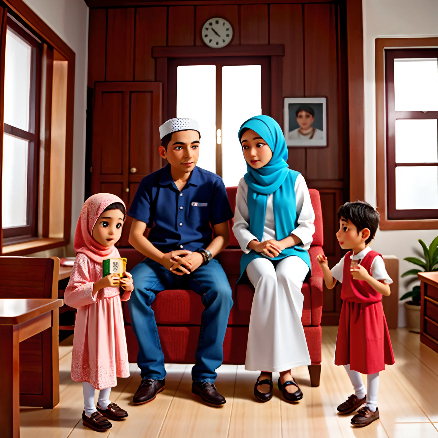 Muslim family, Indonesia, consisting of father, mother,  sister, and 5 year old breal, in the house