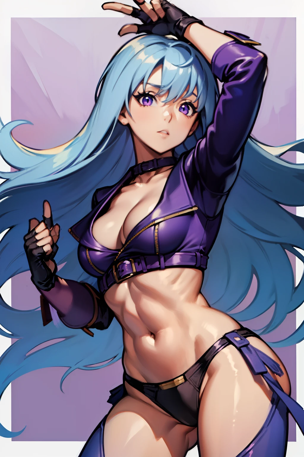 upper body, 1 girl, (AngelMs:1.2), small breasts, panties, midriff, facing side, looking at viewer, (cleavage), thong, string panties, purple thighhighs, (very long hair), (light blue hair), purple eyes, purple jacket,