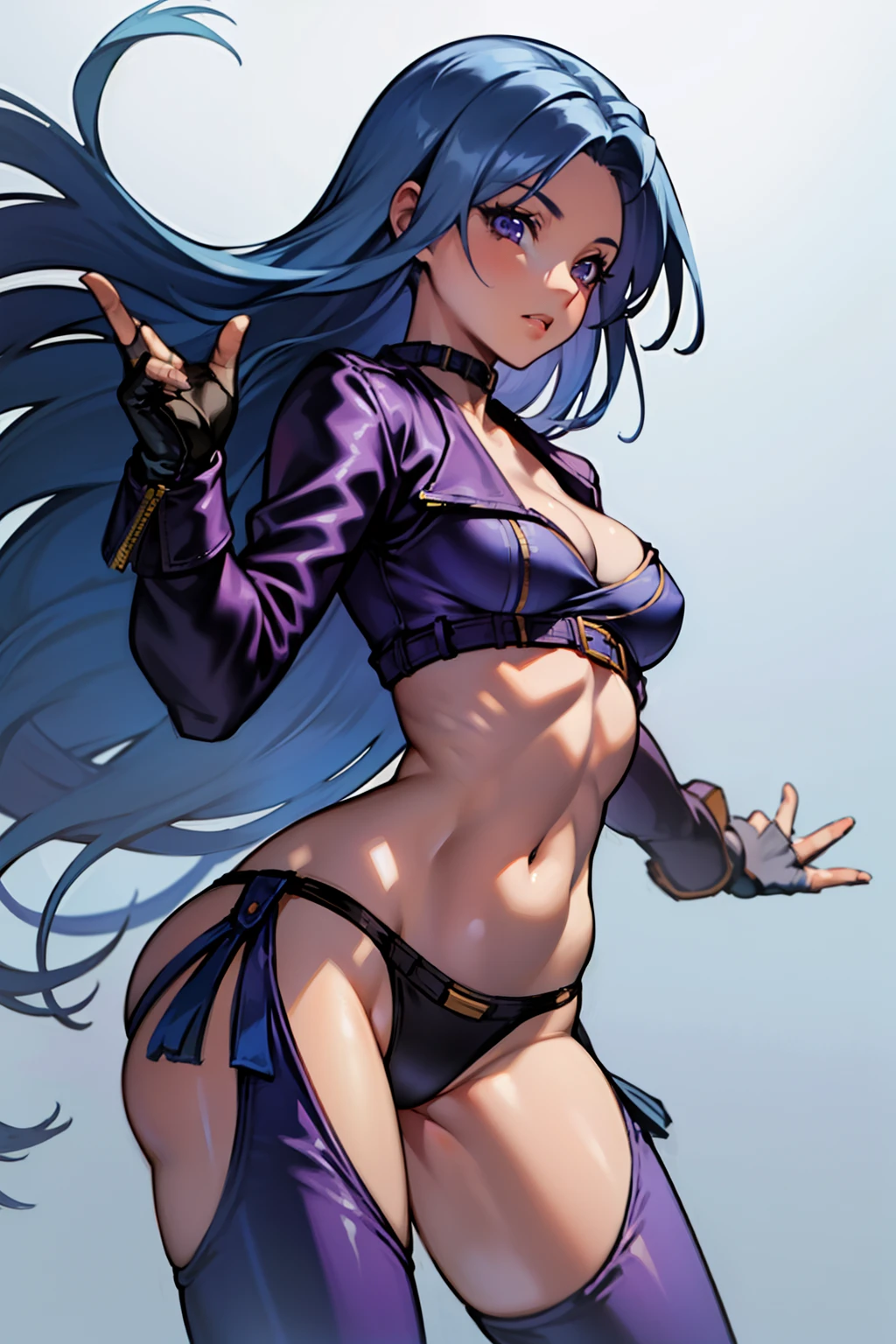 upper body, 1 girl, (AngelMs:1.2), small breasts, panties, midriff, facing side, looking at viewer, (cleavage), thong, string panties, purple thighhighs, (very long hair), (light blue hair), purple eyes, purple jacket,