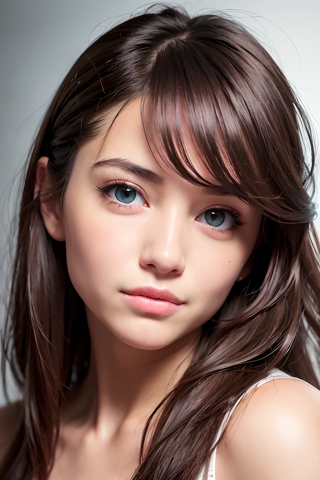 (realistic, photo-realistic:1.37),(8k, RAW photo, best quality, masterpiece:1.2), cute, ultra-detailed,heart-shaped pupils,physically-based rendering, ultra high res, kodakvision color, shot on Arricam LT Camera, bokeh, sharp focus,
looking at viewer,photorealistic,realistic, solo, photorealistic, best quality,extremely detailed face,extremely detailed eyes and face, beautiful detailed eyes,absurdres, incredibly absurdres,haunting smile,Messy hair, floating hair, ,