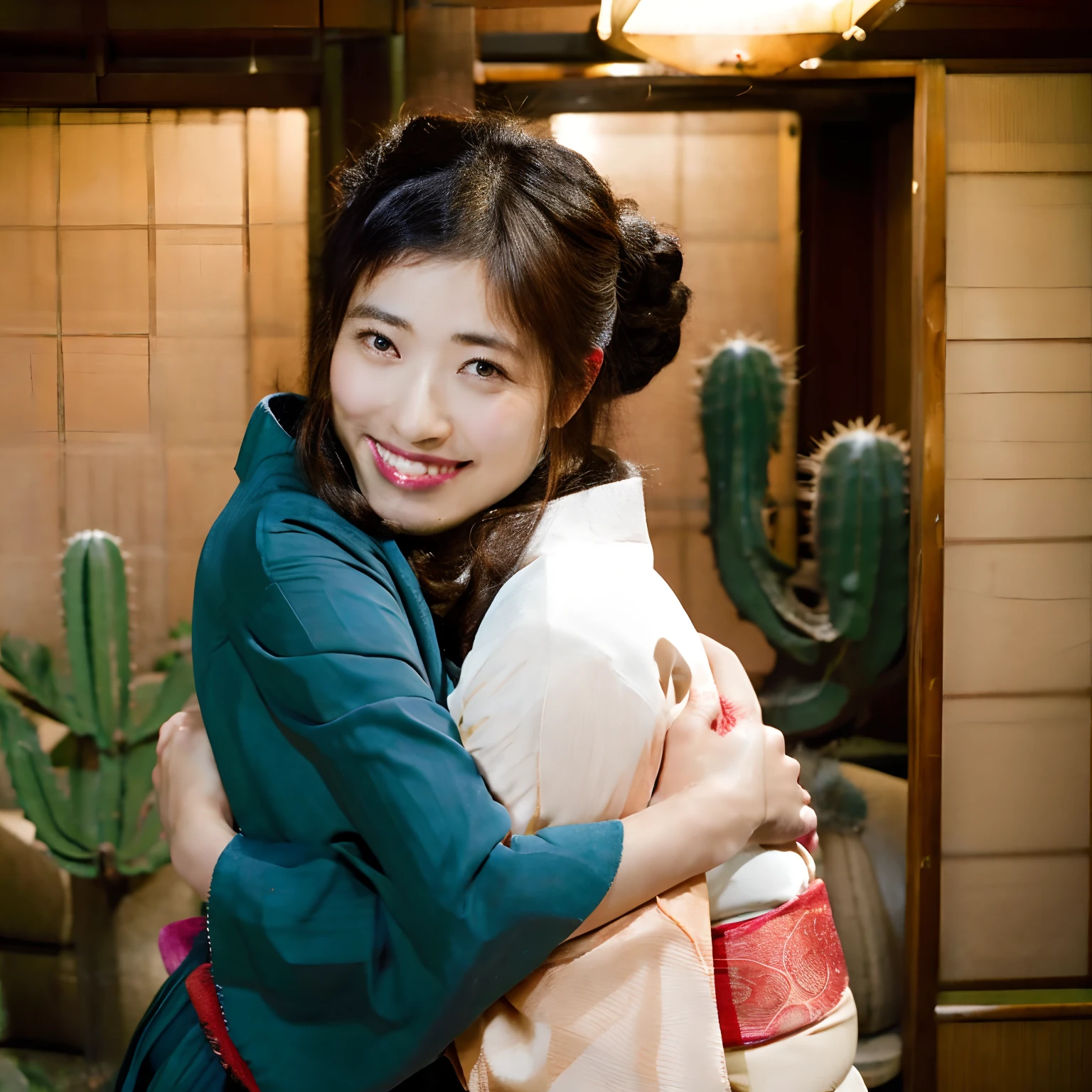a cute Japanese lady in a fancy Tokyo flat wearing white kimono, hugging a green round spiky cactus