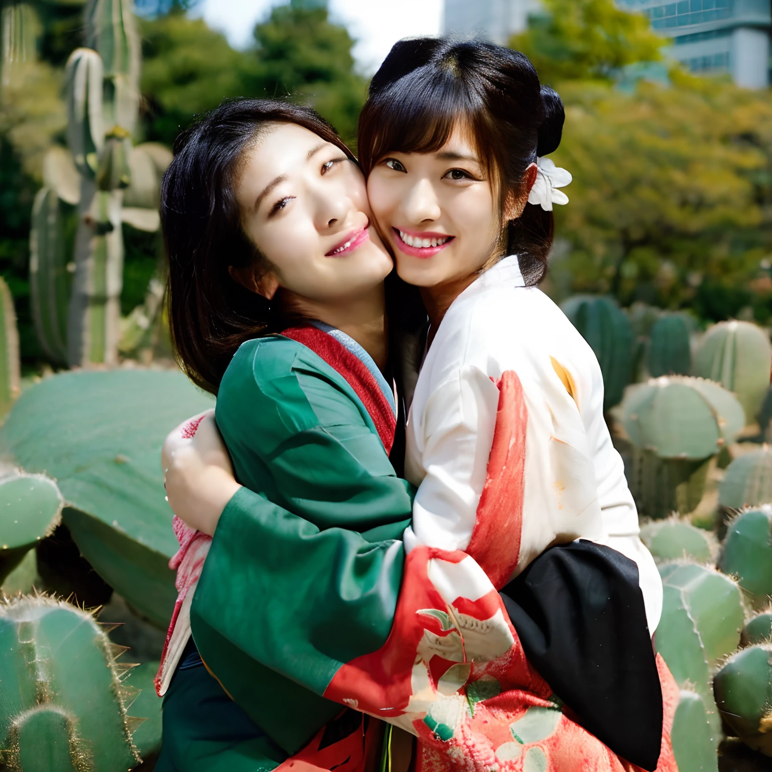 a cute Japanese lady in a fancy Tokyo flat wearing white kimono, hugging a green round spiky cactus