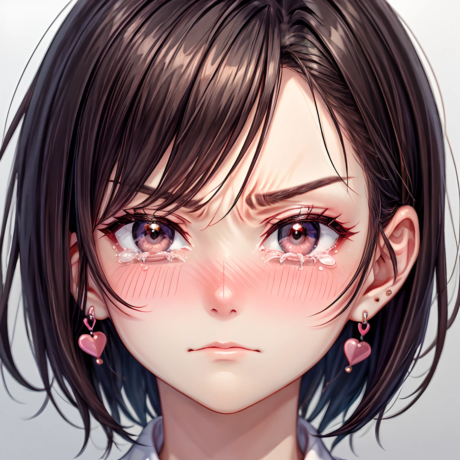masutepiece, Best Quality, Heart logo, Lori,full-face blush, nose blush, Short hair, Closed mouth, Tears, angry, Heart Earrings, Sideways