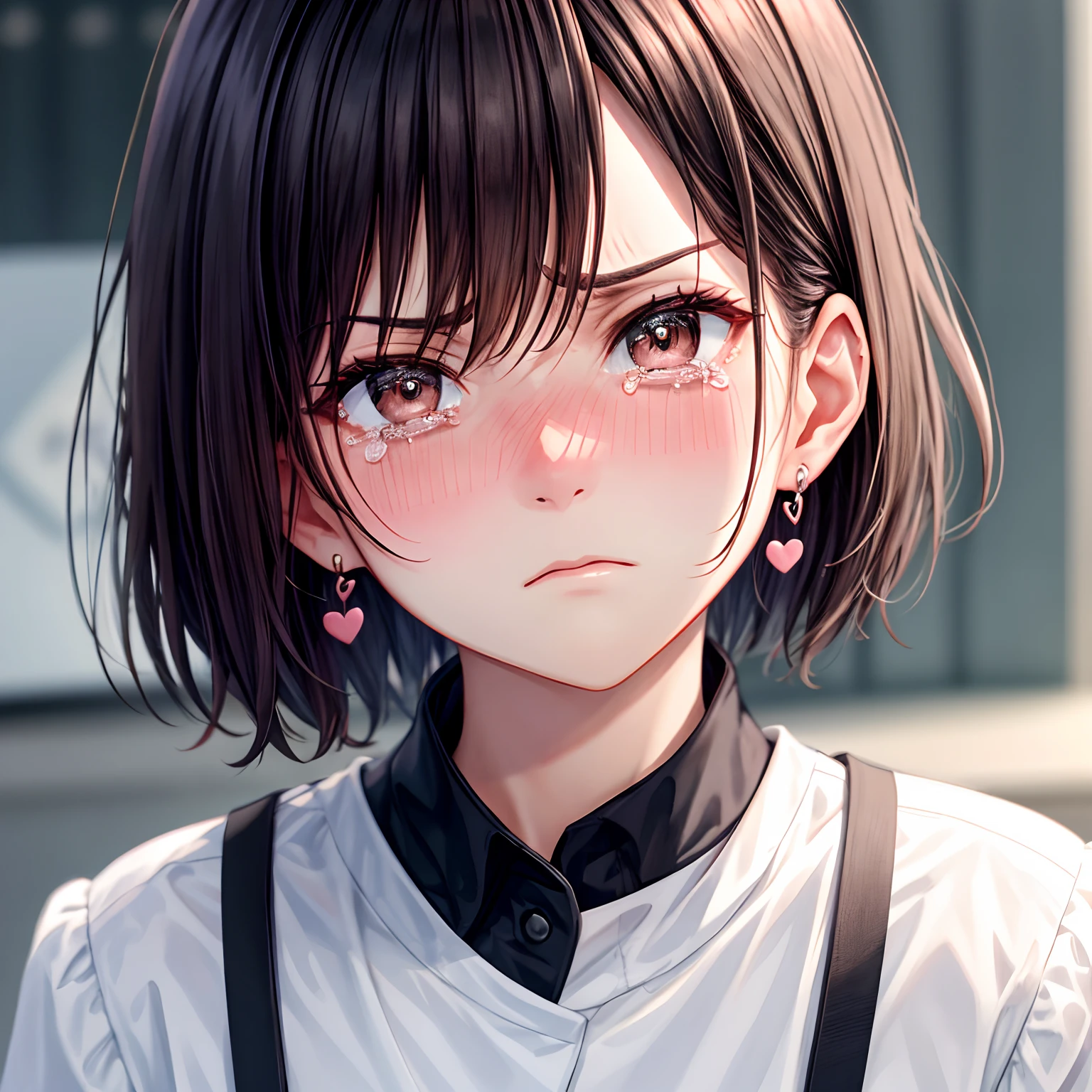 masutepiece, Best Quality, Heart logo, Lori,full-face blush, nose blush, Short hair, Closed mouth, Tears, angry, Heart Earrings, Sideways