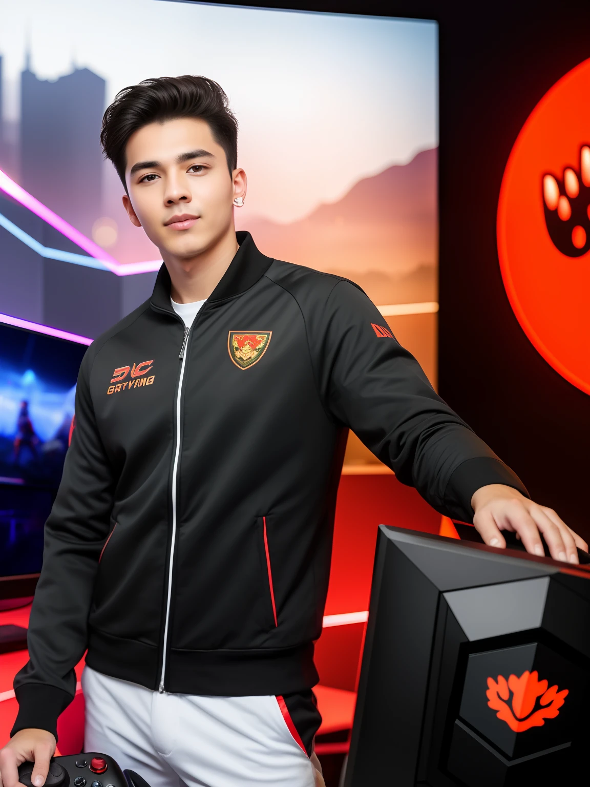 remove dog, change background into gaming studio, 8k,handsome boy, realistic face