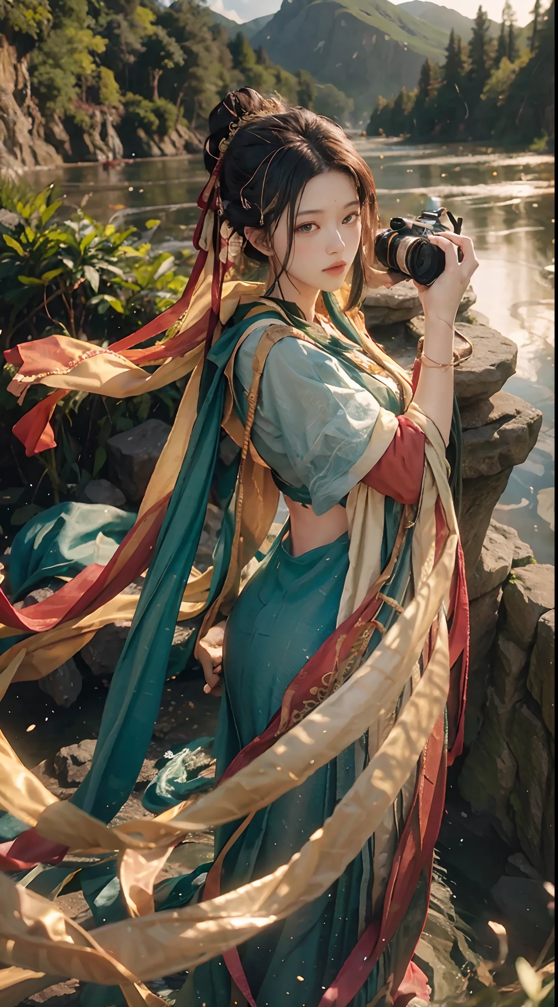 Lakes and rivers, waterfalls flying water, beautiful green mountains, no trace, excellent scenery, already awarded photography competition, background bokeh, full depth of field, HDR high dynamics, real restoration, intricate and extreme details,