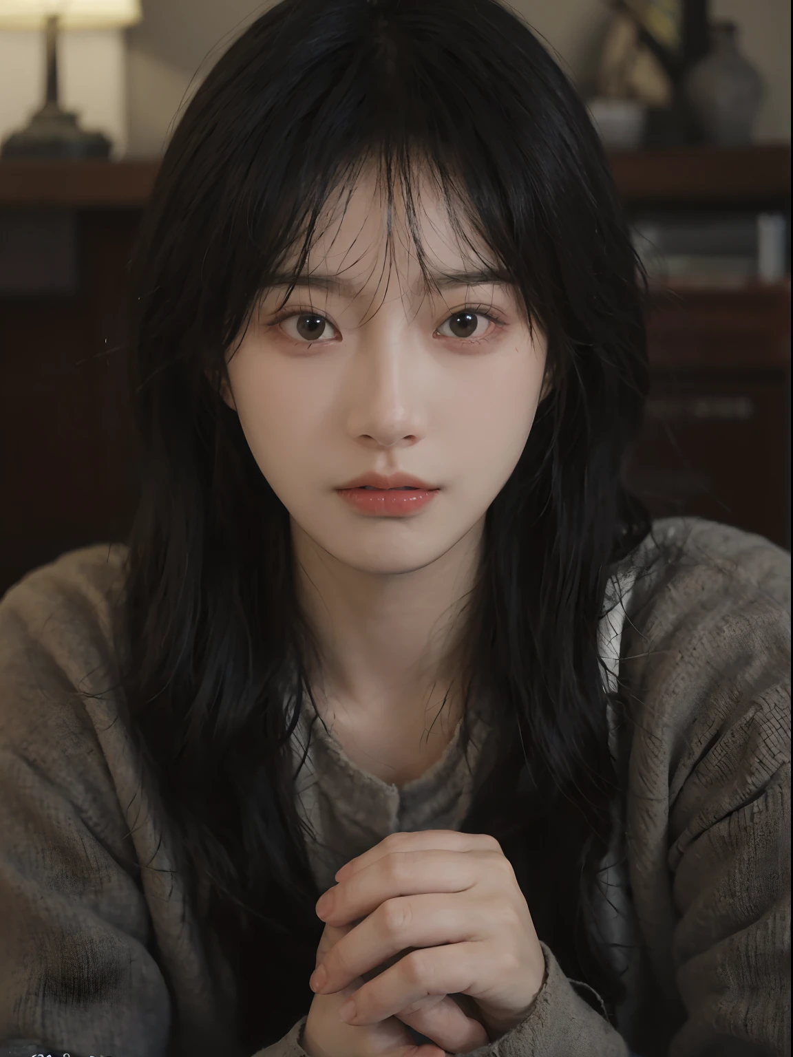 best qualtiy， 超高分辨率， （realisticlying：1.4）， A woman with long black hair and a gray sweater, 中景 the scene is, She has black hair，By bangs, young lovely Korean faces, wan adorable korean face, ulzzangs, Shin Jinying, beautiful aesthetic face, Korean face features, Played by Liu Lee Ji Eun ，Beautiful realistic face