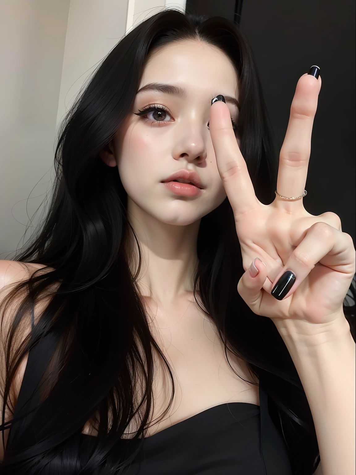 mulher arafed com longos cabelos pretos fazendo um sinal de paz, (12x) extremely pale white skin, dilraba dilmurat, pale fair skin!!, Ulzzang, middle finger, cruel korean goth girl, extremely pale white skin, very very pale white skin, very very pale white skin, giving the middle finger, pale porcelain white skin