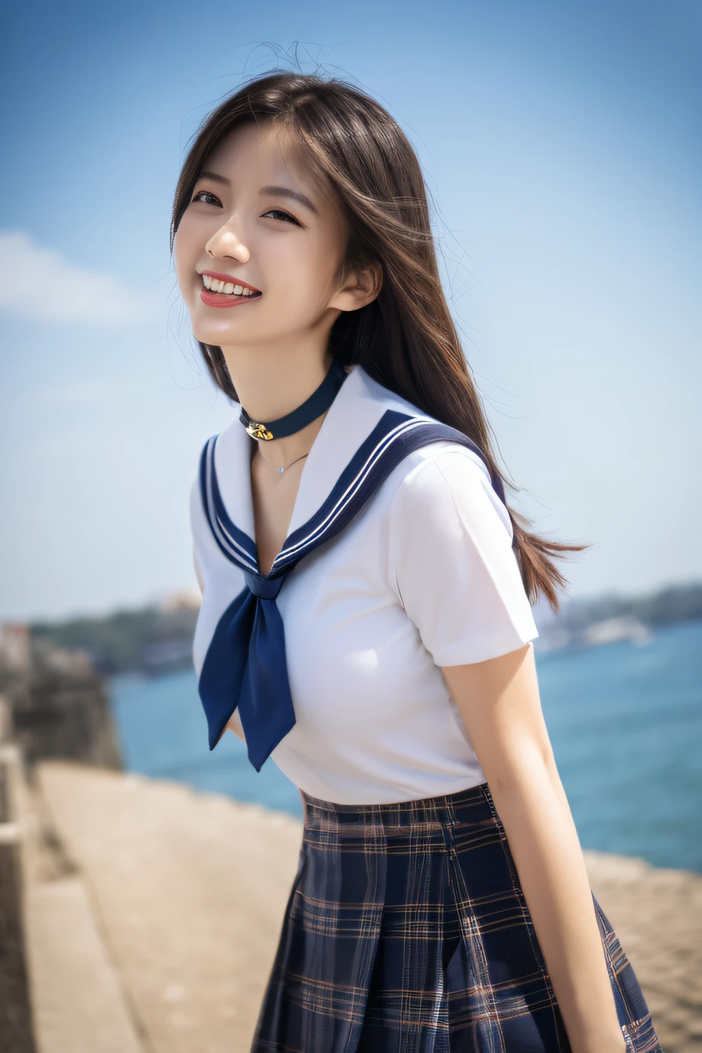 8K raw photo, Best quality, masterpiece, ultra high res, 3d, realistic, (from below shot:1.3), 1girl, asian, black_hair, black_sailor_collar, long_hair, nose, school_uniform, neckerchief, natural skin texture, light brown_eye, detailed eyes and face, lips, lipstick, smile, teeth, beautiful legs, enormous breasts, beautiful seaside location, plaid skirt, white shirt, enormous breast, blurry background, short sleeves