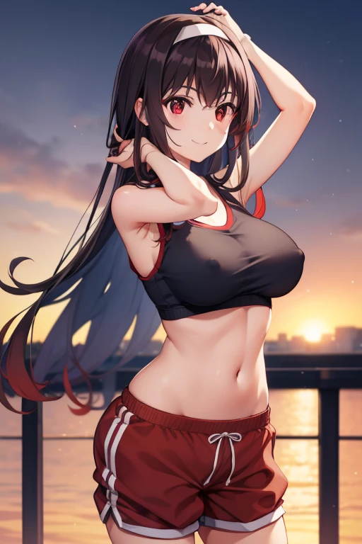 kasumigaokautaha, utaha kasumigaoka, black hair, hairband, long hair, (red eyes:1.5), masterpiece, best quality, highres, full body, full pose, kasumigaoka utaha, 1girl, solo, smile, standing, ass, blushing, black hair, hairband, red eyes, long legs, white hairband, breasts, bangs, large breasts, shorts, nipples, red jogging shorts, blushing, standing, armpits, hands behind head, smile, holding breasts cowboy shot, looking at viewer, street city background