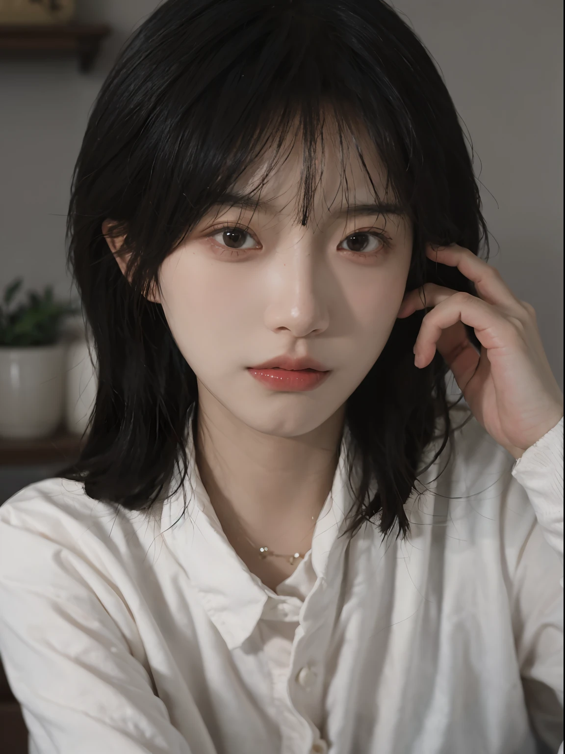 best qualtiy， 超高分辨率， （realisticlying：1.4）， A woman with long black hair and a gray sweater, 中景 the scene is, She has black hair，By bangs, young lovely Korean faces, wan adorable korean face, ulzzangs, Shin Jinying, beautiful aesthetic face, Korean face features, Played by Liu Lee Ji Eun ，Beautiful realistic face