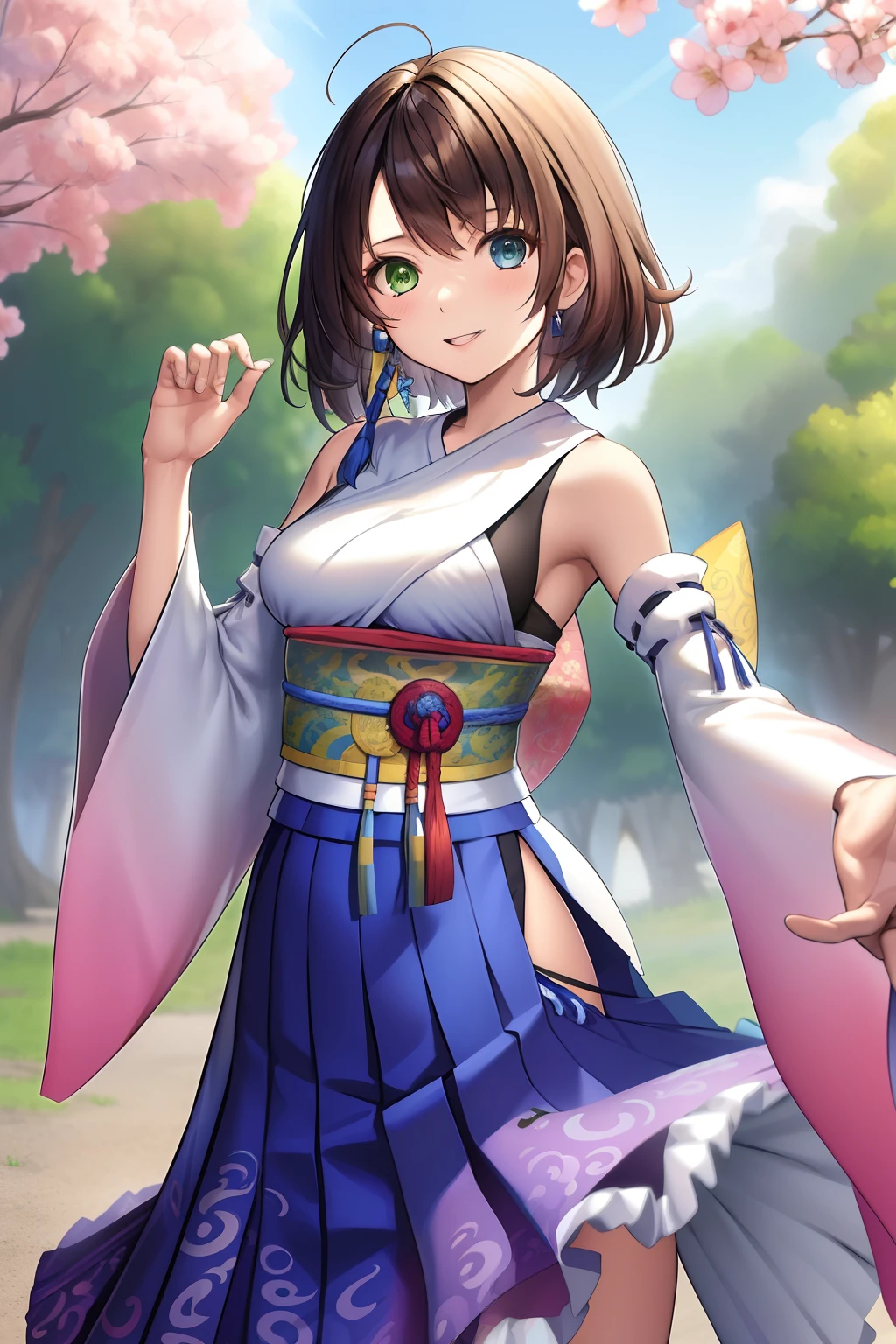 masutepiece, Best Quality, absurderes, Perfect Anatomy, 1girl in, Solo, YunaFFX, Heterochromia, Short hair, YunaOutfit, Hair Ornament, Detached sleeves, Hakama, sash, Hakama skirt, Long skirt, Cowboy Shot, Smile