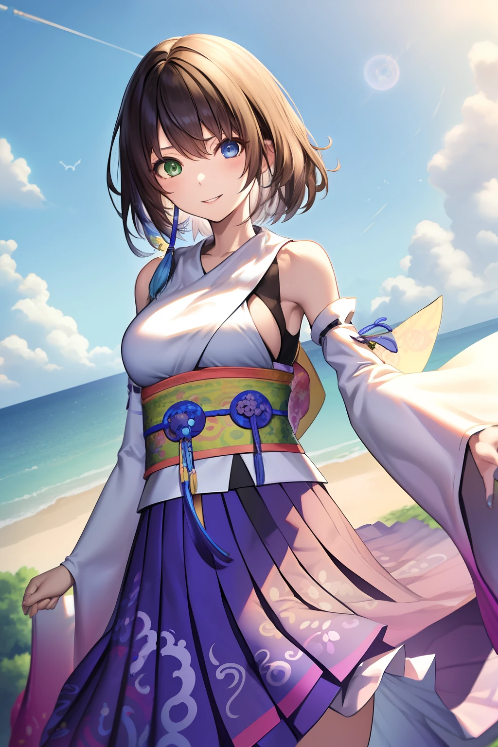 masutepiece, Best Quality, absurderes, Perfect Anatomy, 1girl in, Solo, YunaFFX, Heterochromia, Short hair, YunaOutfit, Hair Ornament, Detached sleeves, Hakama, sash, Hakama skirt, Long skirt, Cowboy Shot, Smile