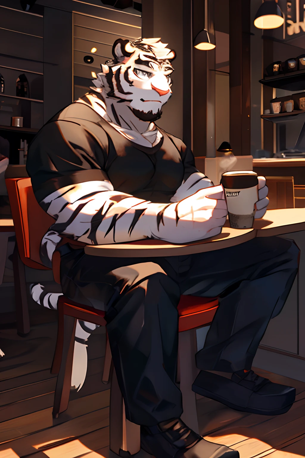 Anthropomorphic White Tiger, Body Fit, Black Strips, Short Hair, White Eyes, Black Shirt, Short Pants, Smiling, Heart Warming, Cool Pose, Handsome, Good looking, Sitting, Coffee, Cafe Background