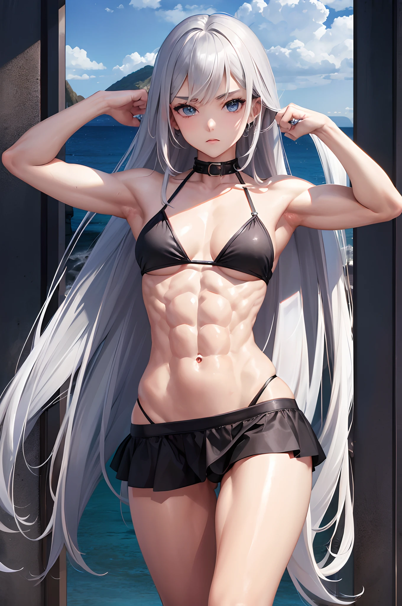 masterpiece, highest quality, silver hair, middle hair, black bikini, beach, (abs:1.6), (muscular:1.5), (Because it's manly:1.4), underarm, blue eyes, 18 years , small breasts, skiny