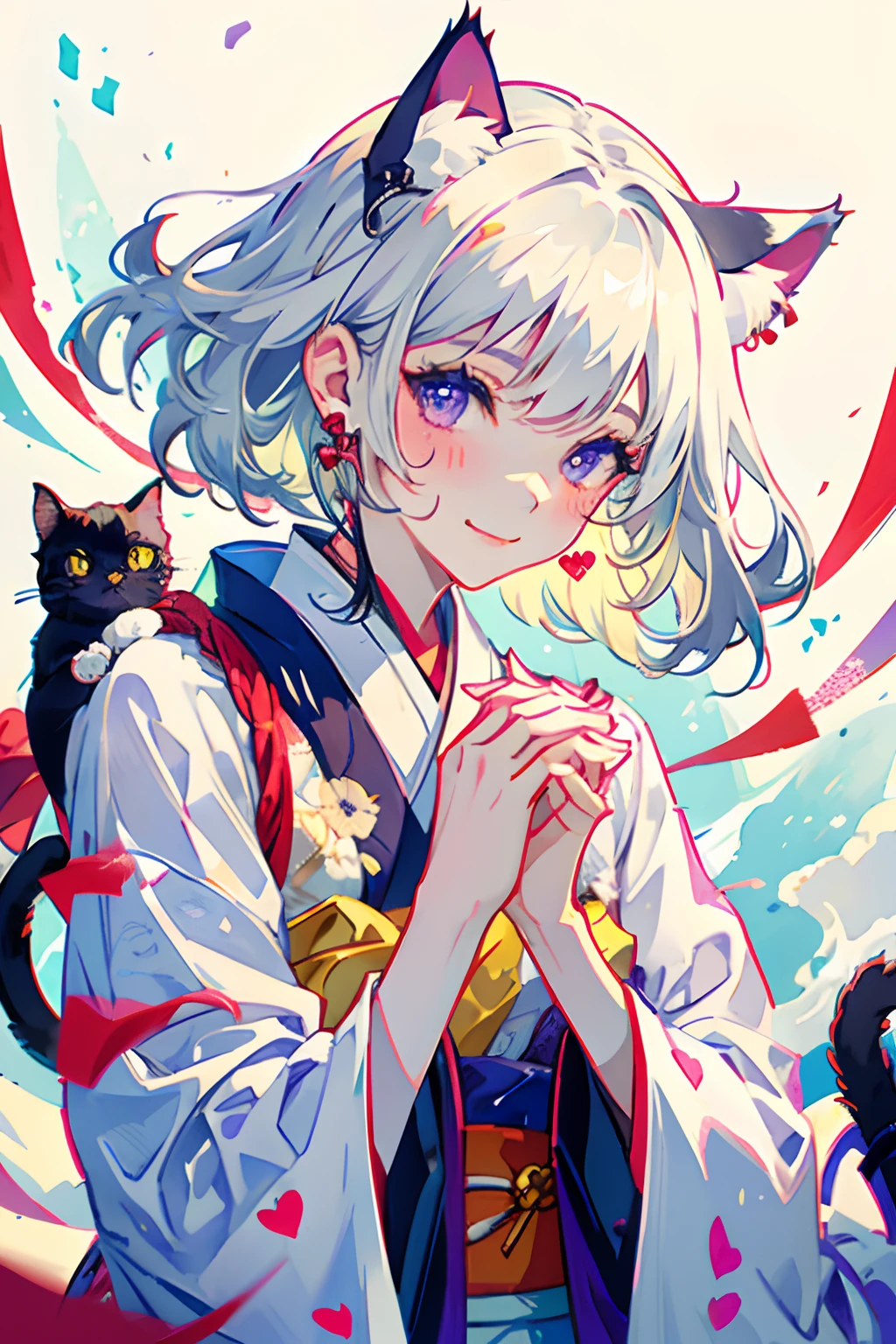 (1boy, 1girl), (cat ears:1.2), short hair, silver hair, white hair, purple eyes, masterpiece, pov, medium breast, absurdres, messy hair, cute smile, winking, blushing, nice hands, simple background, Japanese clothes, kimono, holding hands, floating heart, heart earrings, white hair, full-face blush, looking at another, face-to-face, cat girl, cat boy,
