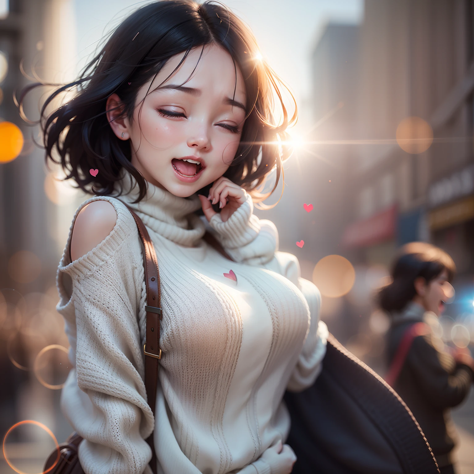 girl with、Cozy backless sweater、The upper part of the body、(Huge laughter:1.1)、(Opening Mouth:1.1)、(widely opened eyes:1.2)、Sun glare、bokeh dof、depth of fields、blurry backround、Particles of light、heavy wind、(Heart particles:1.1)