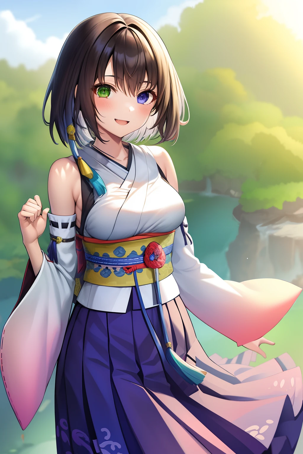 masutepiece, Best Quality, absurderes, Perfect Anatomy, 1girl in, Solo, YunaFFX, Heterochromia, Short hair, YunaOutfit, Hair Ornament, Detached sleeves, Hakama, sash, Hakama skirt, Long skirt, Cowboy Shot, Smile