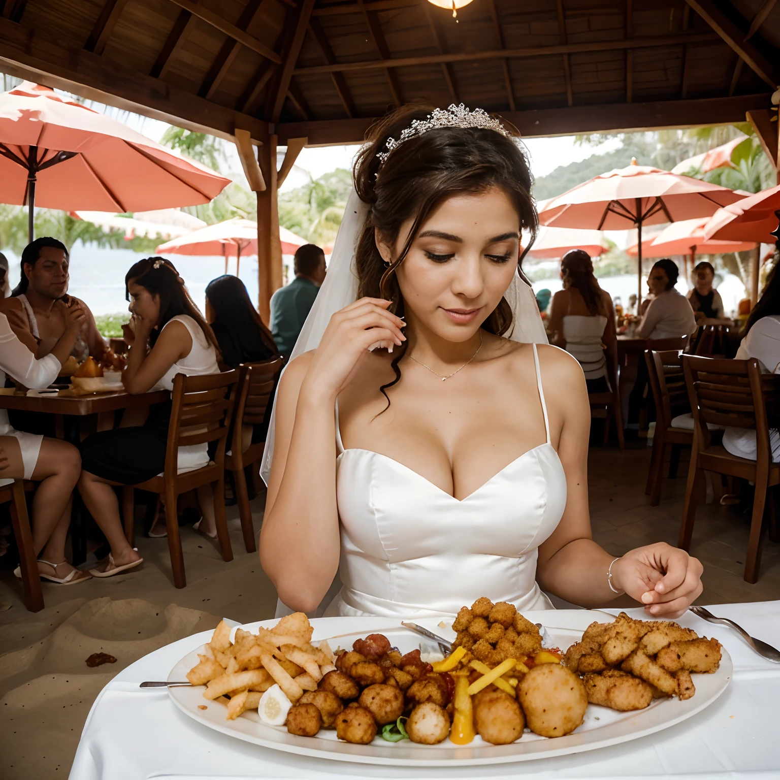 Real photos of Woman dressed as a bride in a mayor dress eating fried foods at a wedding in Ilhabela, beach with tables full of fried foods and sauces with several people sitting eating the most perfect fried foods such as chicken thighs, fried cheese balls, fried ribs, tapioca dice, hot sauces, lots of abundance