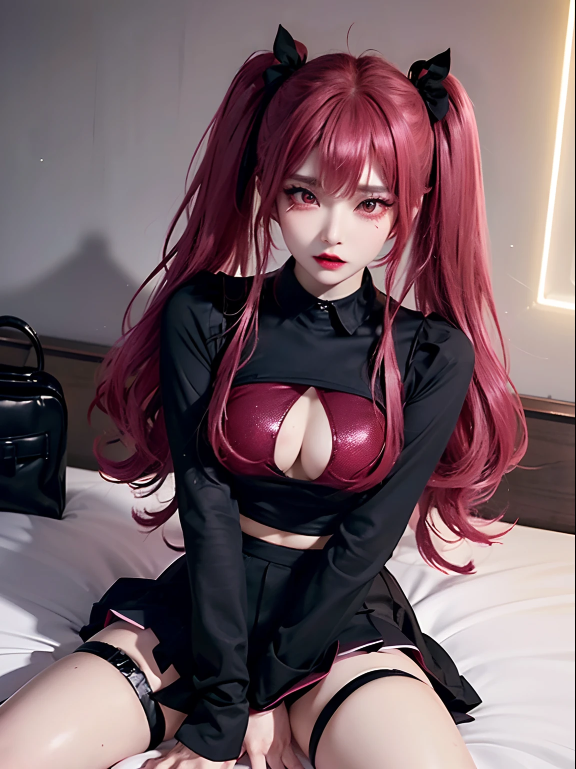 Lustful Girl, gothic dress, Estrus girl, , Twin-tailed, Shirt, Thigh strap, Bag, Long sleeves, Black shirt、skirt rift。White underwear、Sheer underwear、At the hotel、night landscape、on the bed、NSFW, oral sex,POV ,  Paizuri, (((Screaming、Intense Sex、Sweat、Vulgar laughter、Vulgar appearance、Black hair Long hair、twin-tail hair、Red Glitter Eyeliner、Red Eye Shadow、heavy make up、make up、Fluorescent pink lipstick、makeup)))、Black Long Hair, Twin-tailed、Girl straddling a man、bending forward、((Angle from below))、Girl pushing a man down