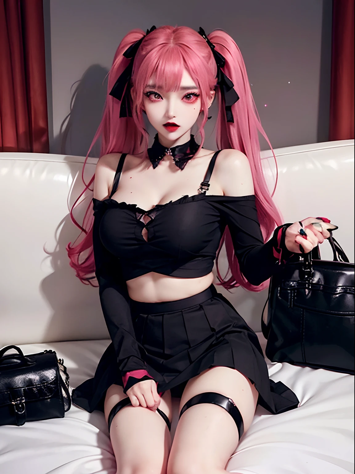 Lustful Girl, gothic dress, Estrus girl, , Twin-tailed, Shirt, Thigh strap, Bag, Long sleeves, Black shirt、skirt rift。White underwear、Sheer underwear、At the hotel、night landscape、on the bed、NSFW, oral sex,POV ,  Paizuri, (((Screaming、Intense Sex、Sweat、Vulgar laughter、Vulgar appearance、Black hair Long hair、twin-tail hair、Red Glitter Eyeliner、Red Eye Shadow、heavy make up、make up、Fluorescent pink lipstick、makeup)))、Black Long Hair, Twin-tailed、Girl straddling a man、bending forward、((Angle from below))、Girl pushing a man down