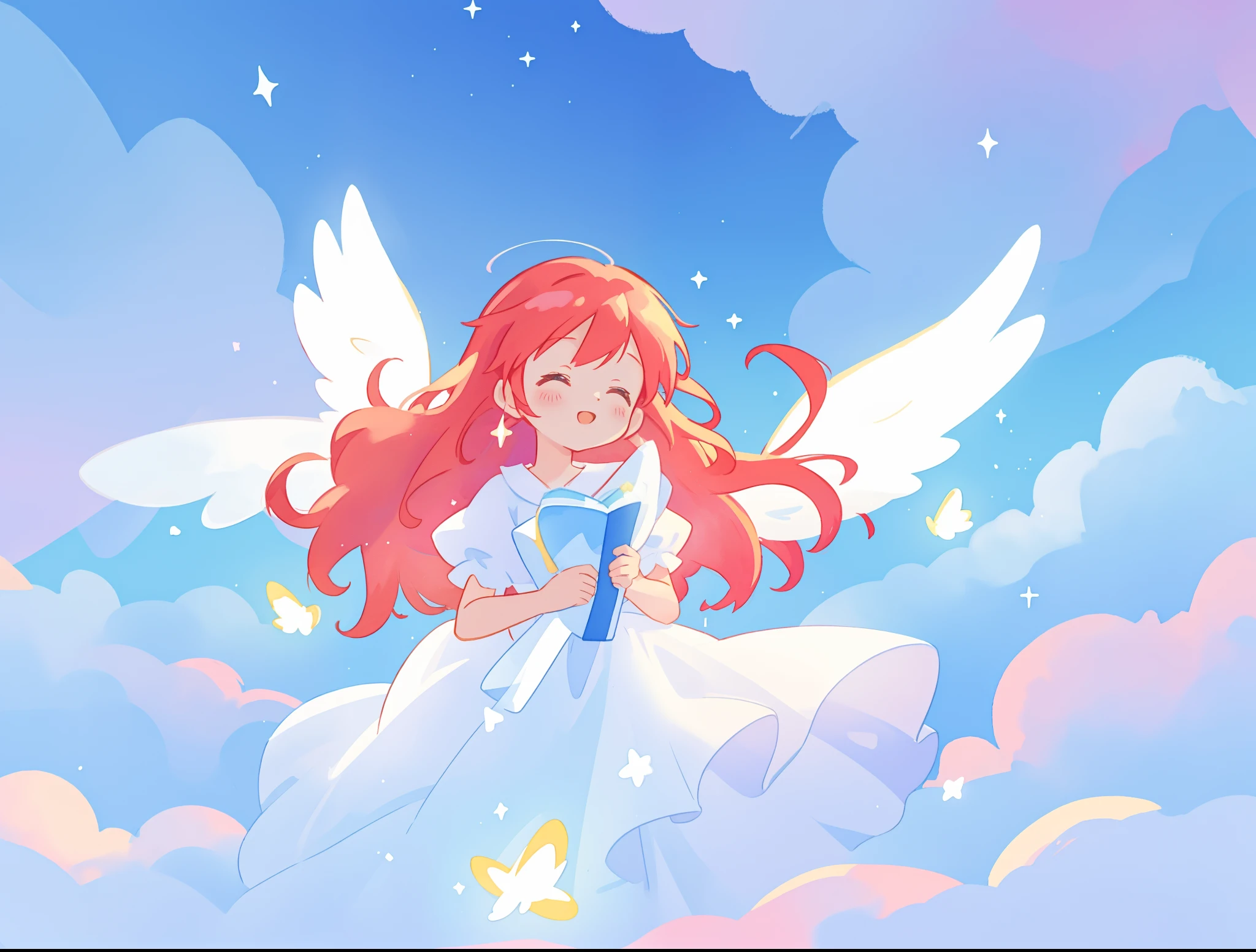 beautiful angel girl in sparkling white dress, (huge sparkling angel wings), glowing white ballgown, long red hair, watercolor illustration, colorful fantasia clouds and sky background, disney art style, glowing aura around her, glowing lights, beautiful digital illustration, fantasia otherworldly, beautiful, masterpiece, best quality, anime disney style