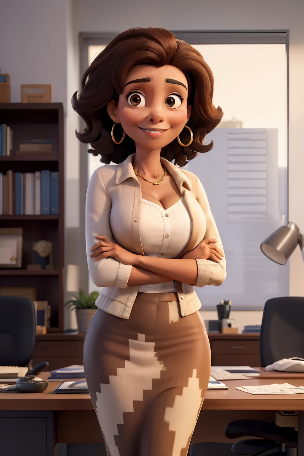 obra-prima, melhor qualidade, retrato de busto, Successful adult mature brunette woman looking at camera with arms crossed. Smiling African-American businesswoman standing in new office. Retrato de mulher madura.