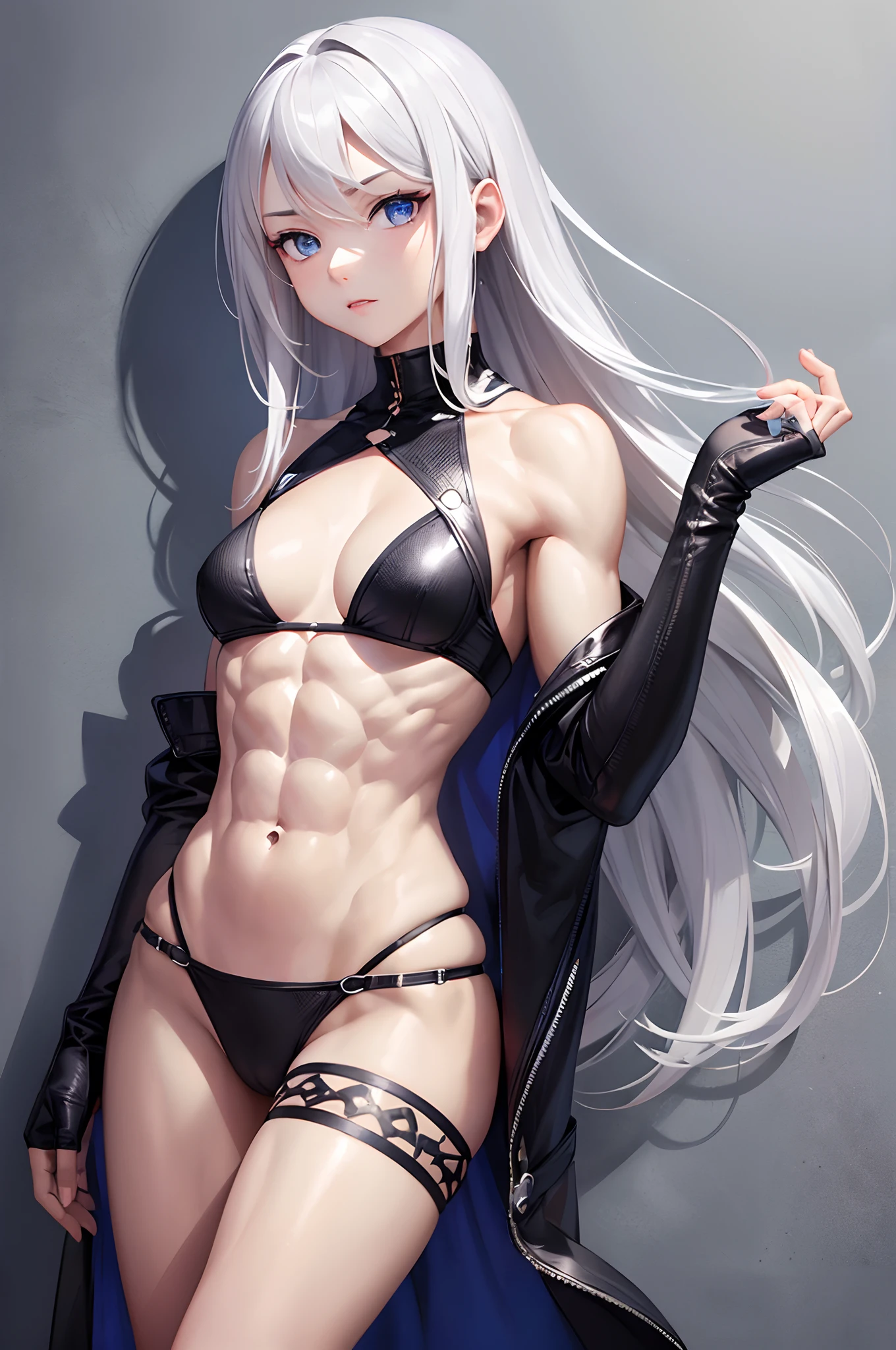 masterpiece, highest quality, silver hair, middle hair, black bikini, beach, (abs:1.7), (muscular:1.4), toned, (bulging muscles: 1.4), underarm, blue eyes, 18 years , small breasts