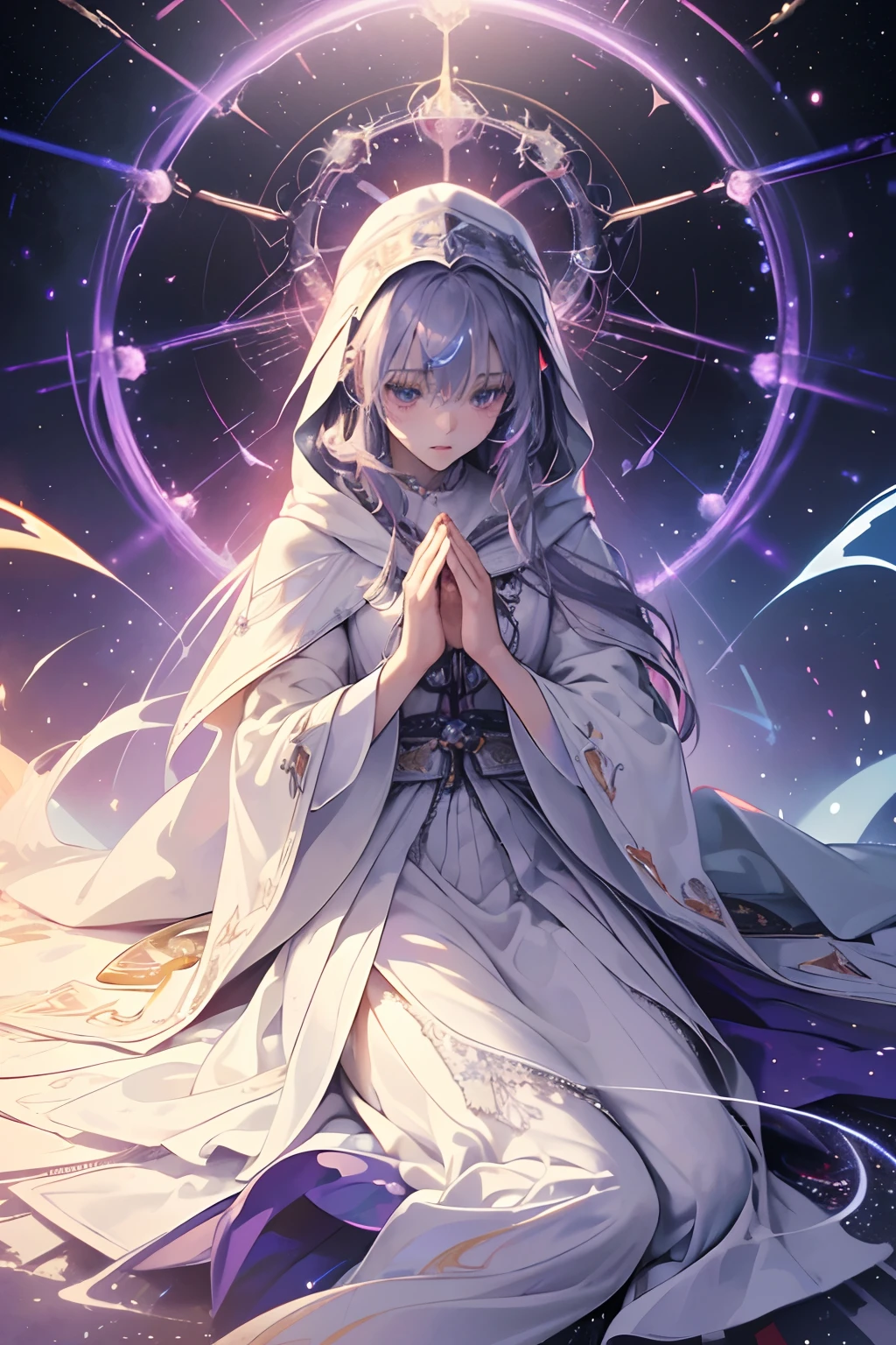 (masterpiece, top quality, best quality, official art, beautiful and aesthetic:1.2), (1girl), extreme detailed, (fractal art:1.3), colorful, highest detailed, perfect face, (praying:1.3), (white cloak silver lines:1.2), galaxy, (light streaks), striking visuals, (dynamic streaks, luminous trails:1.2), vibrant colors, long purple hair, front, Deep forest,candle