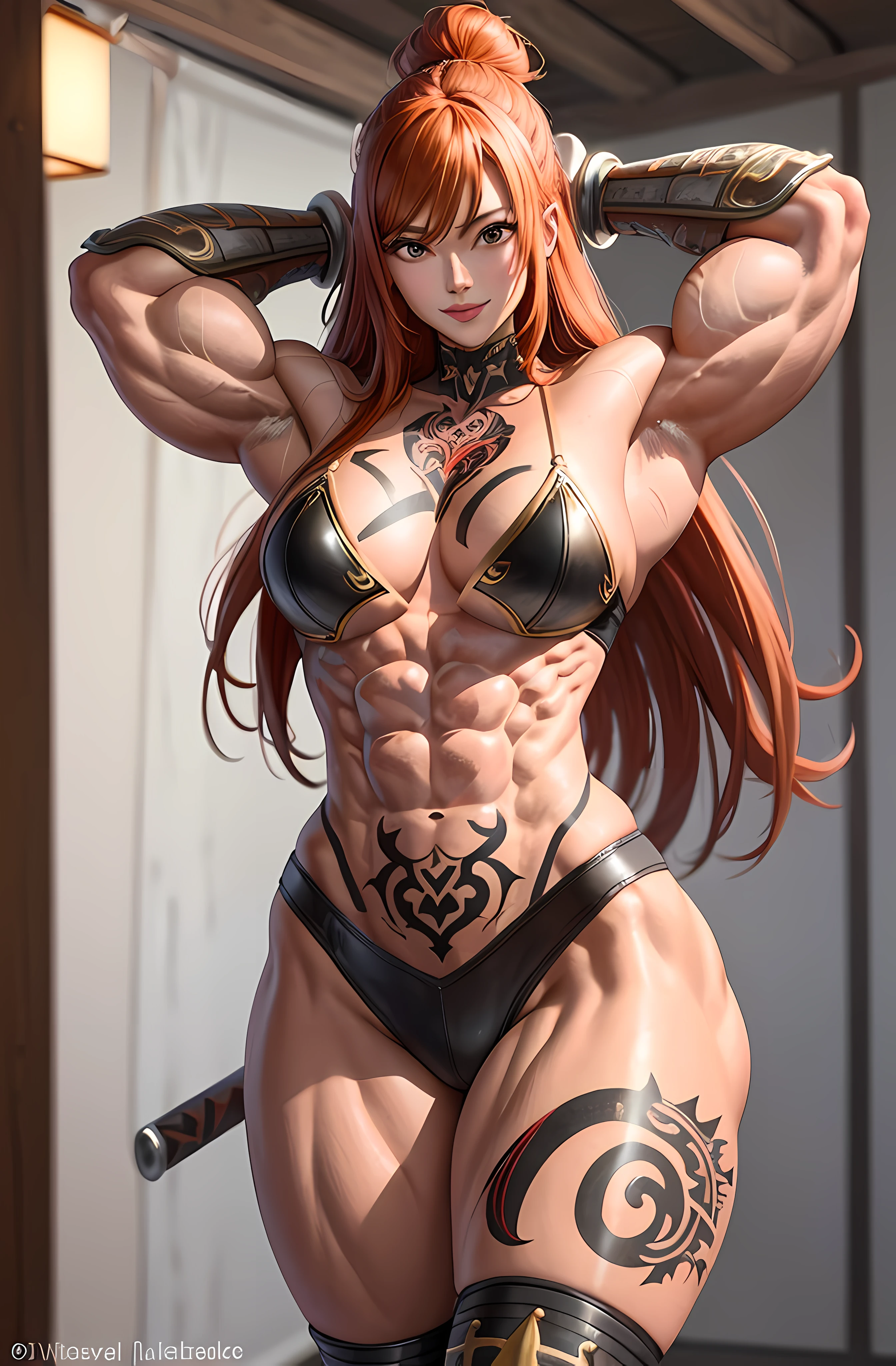 (masterpiece, best_quality, ultra-detailed, immaculate:1.3), epic, illustration, 1girl, cowboy shot, grinning barbarian archer, (muscular:1.1), leather armor, fur pauldrons, , (tribal tattoos:1.4), pastel ginger hair, half updo,Tight Curlsleather cloak, yoga, japanese, at a minuscule zoo ("at the ultimate hypergate, Motion blur":1.2), in a festive room, bombshell hair, copper hair, long bombshell hair, arm support, (((((huge muscles)))))