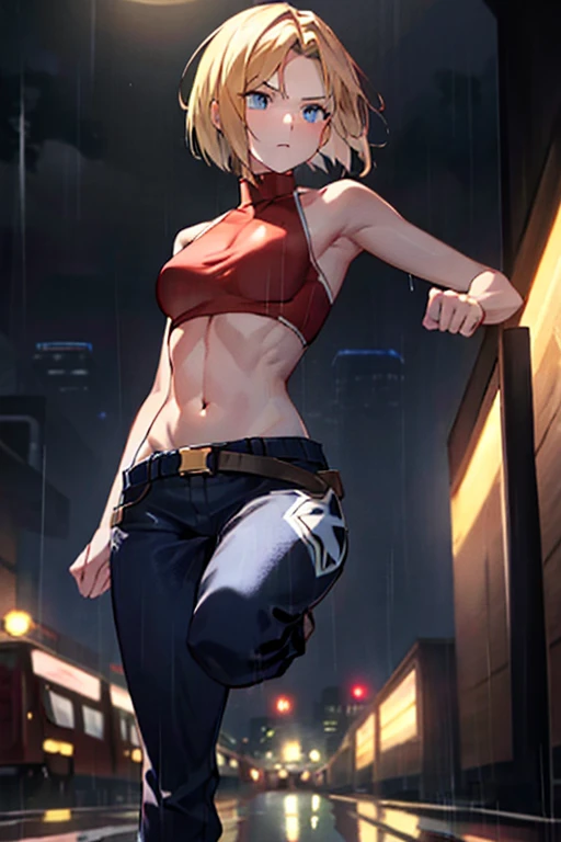 maryms, Best Quality, (beauty), masterpiece, 1 girl, physically based rendering, ultra high resolution, narrow waist, skinny, big eyes, long legs, (small breasts), puffy eyes, night, (rainy city) , shiny skin, facing viewer, fighting stance, (clench fist), firm expression,