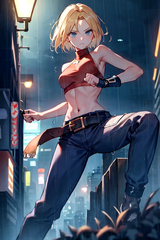 maryms,Best Quality,(beauty),masterpiece, 1girl,phisically-based render ,ultra highres,narrow waist, skinny,big eyes,long legs,(small breasts),puffy eyes, night,(rainy city), shiny skin, facing viewer, fighting stance, (make a fist),firm expression,