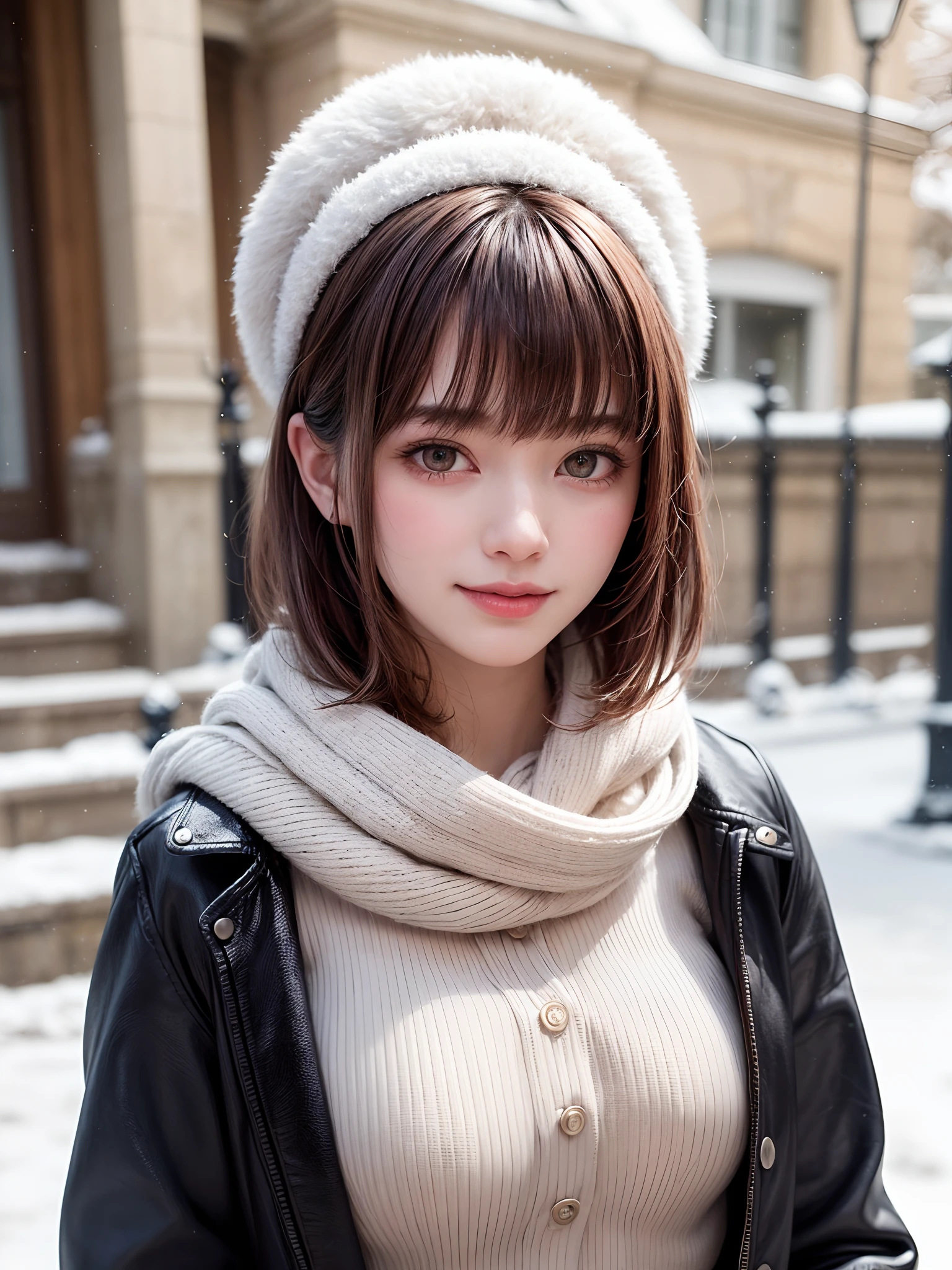 (masterpiece, top-quality),1girl in, 独奏, A dark-haired, scarf, Hats, realisitic, realisitic, looking at the viewers, black eyes of light color, Brunette Short Bob Hair, Brown coat, Winter clothes, White headscarf, s lips, bangss, plein air, a closed mouth, The upper part of the body、big eye、Lashes、((Beautiful landscape of sparkling snow))、(((short bob hair with bangs、Lustrous hair、big eye、large full breasts、Intense highlights in the eyes、gazing at viewer、Beautiful beauty、Put your ears out、long neck、little smiling、Close your mouth and smile、Ideal ratio body proportions)))、