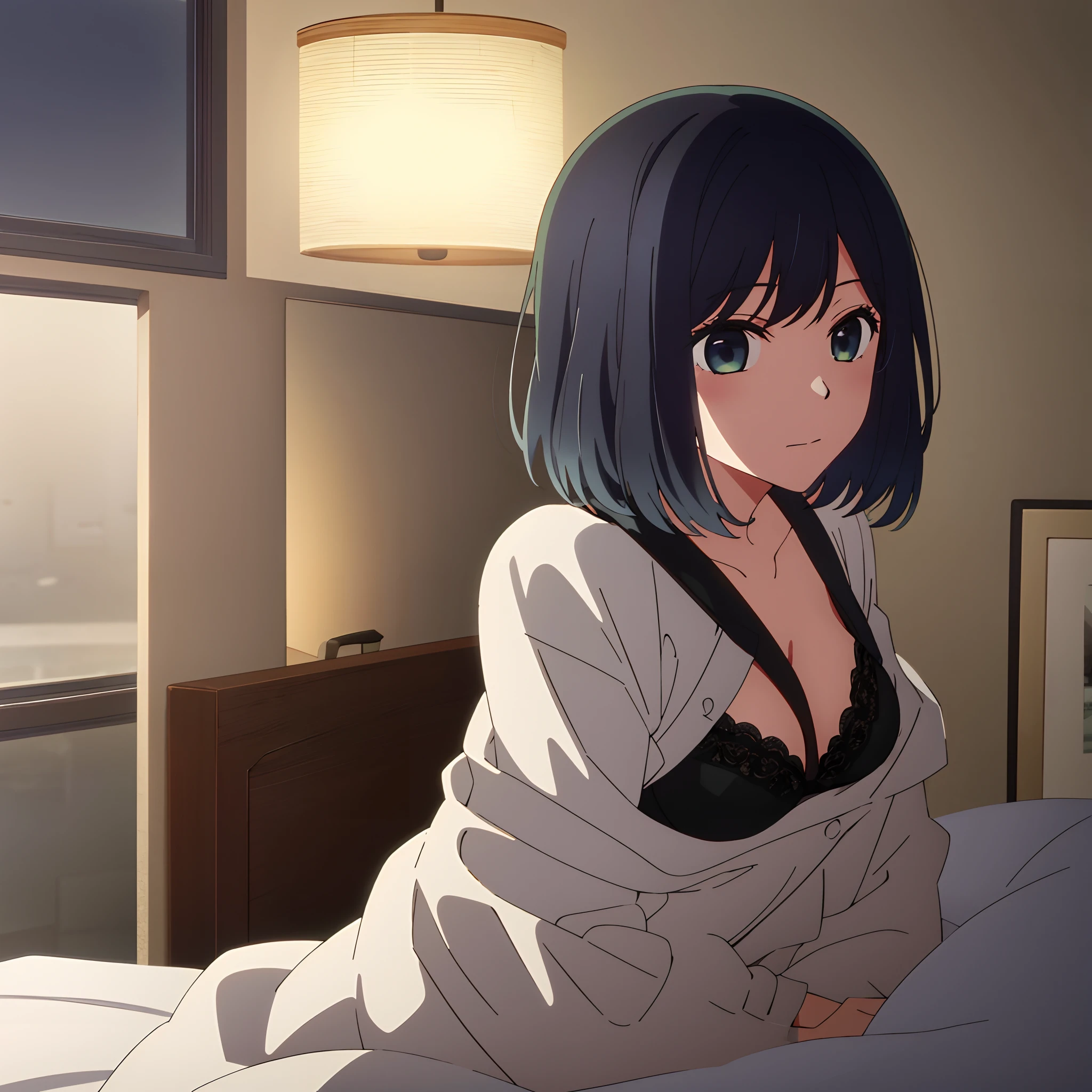 Masterpiece, hiquality, 8K, Beautiful lighting, 1girl, 独奏, Akane,  Portrait, bush, looking a viewer, black panties, black bra, bed room, Average Breasts,, Short hair
