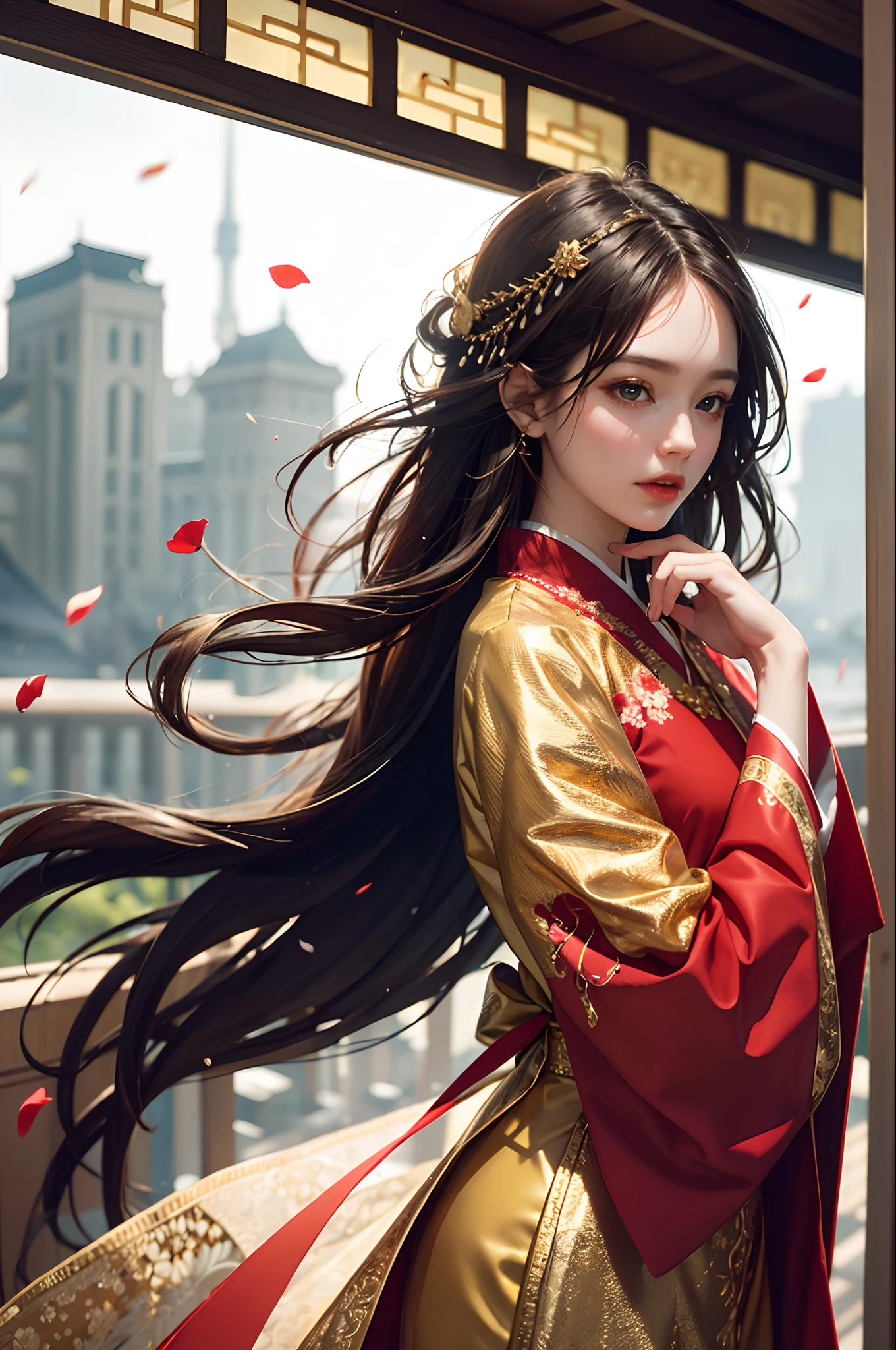 best quality, masterpiece, highres, (exquisite body:1.5),gorgeous face,(milky skin:1.3),intricate details,high resolution,wallpaper,
1girl, solo, dress, hair ornament, (((gold and red dress))), flowers, long hair, brown hair, closed mouth, jewelry, long sleeves, hand up, wide sleeves, big eyes,floating hair, chinese clothes, hanfu, embroidery, long skirt, natural pose, falling petals, indoor,fanning, lantern,
16K,HDR,highres,depth field,(film grain:1.1),boken,golden hour,(lens flare),vignette,rainbowing,(color grading:1.5)