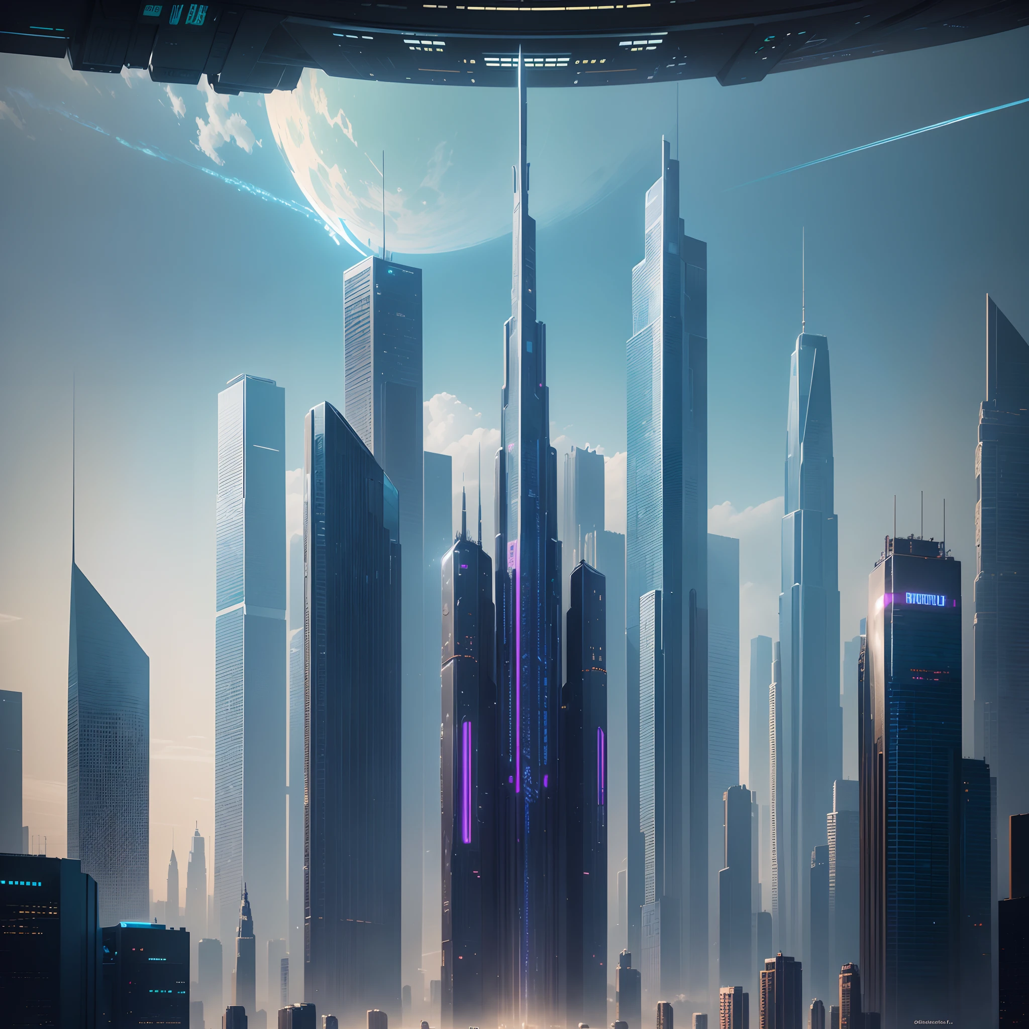 (Best Quality, 8K, Ultra-detailed:1.2), Futuristic cityscape of towering skyscrapers, Cyberpunk, Sci-Fi Art, planet earth, A futuristic world, masutepiece, Glass skyscraper, Imaginative, Buildings 100 times taller, Vivid colors, Dramatic Lighting,kosmos,A world far beyond the imagination of mankind