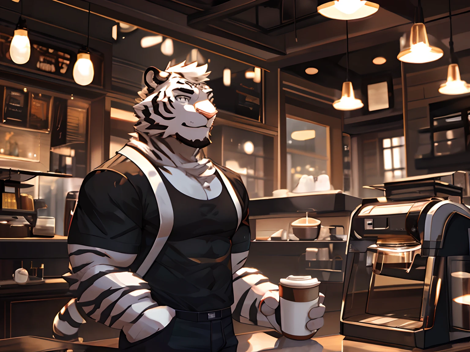 Anthropomorphic White Tiger, Body Fit, Black Strips, Short Hair, White Eyes, Black Shirt, Short Pants, Smiling, Heart Warming, Cool Pose, Handsome, Good looking, Looking to Front, Coffee, Cafe Background