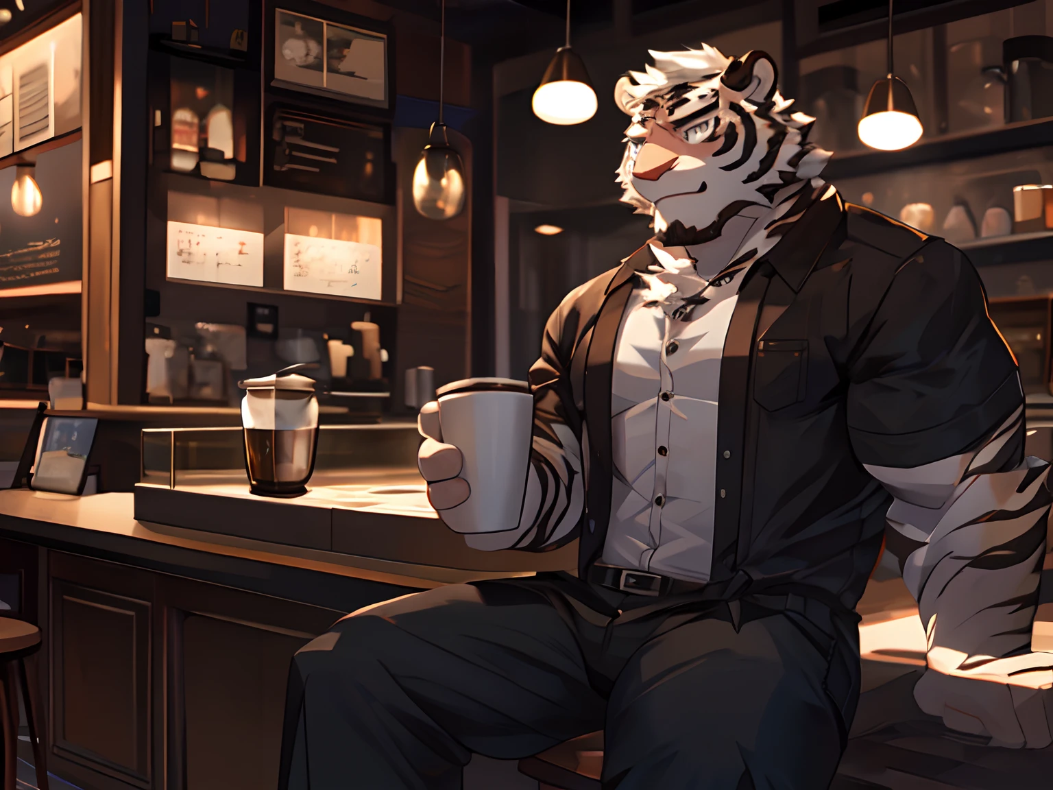 Anthropomorphic White Tiger, Body Fit, Black Strips, Short Hair, White Eyes, Black Shirt, Short Pants, Smiling, Heart Warming, Cool Pose, Handsome, Good looking, Looking to Front, Coffee, Cafe Background