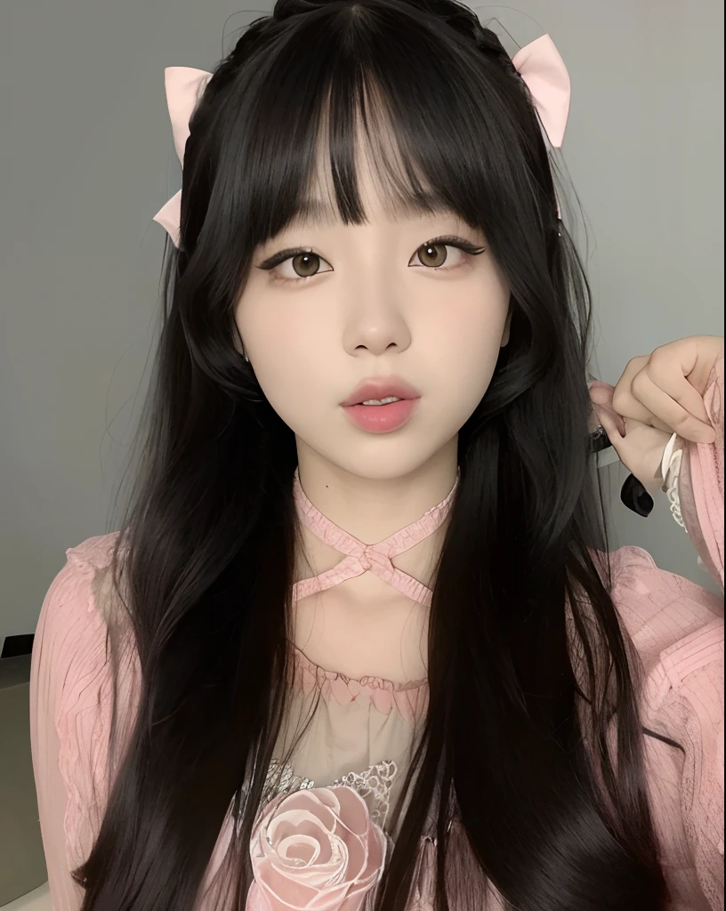 um close up de uma mulher com cabelos longos usando um vestido rosa, Ulzzang, muito bonita gatinha fofa, wan adorable korean face, menina com orelhas de gato, menina coreana, cruel korean goth girl, young adorable korean face, Ela tem cabelo preto com franja, franja fofa, cabelo arrumado com franja, preto hime corte cabelo, menina kawaii bonito