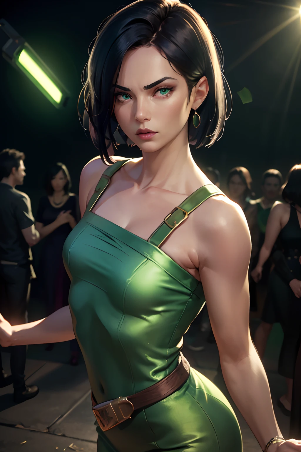 (best quality, masterpiece:1.2), mature woman, detailed hair, detailed eyes, detailed lips, valorantViper, green eyes, glowing eyes, small mouth, (small breasts), [abs:0.4], tight silk green dress, jewels, shoulders free, looking at viewer, glare, no weapon, realistic colors, studio lighting, no mask, party, a lot of people dancing, angry