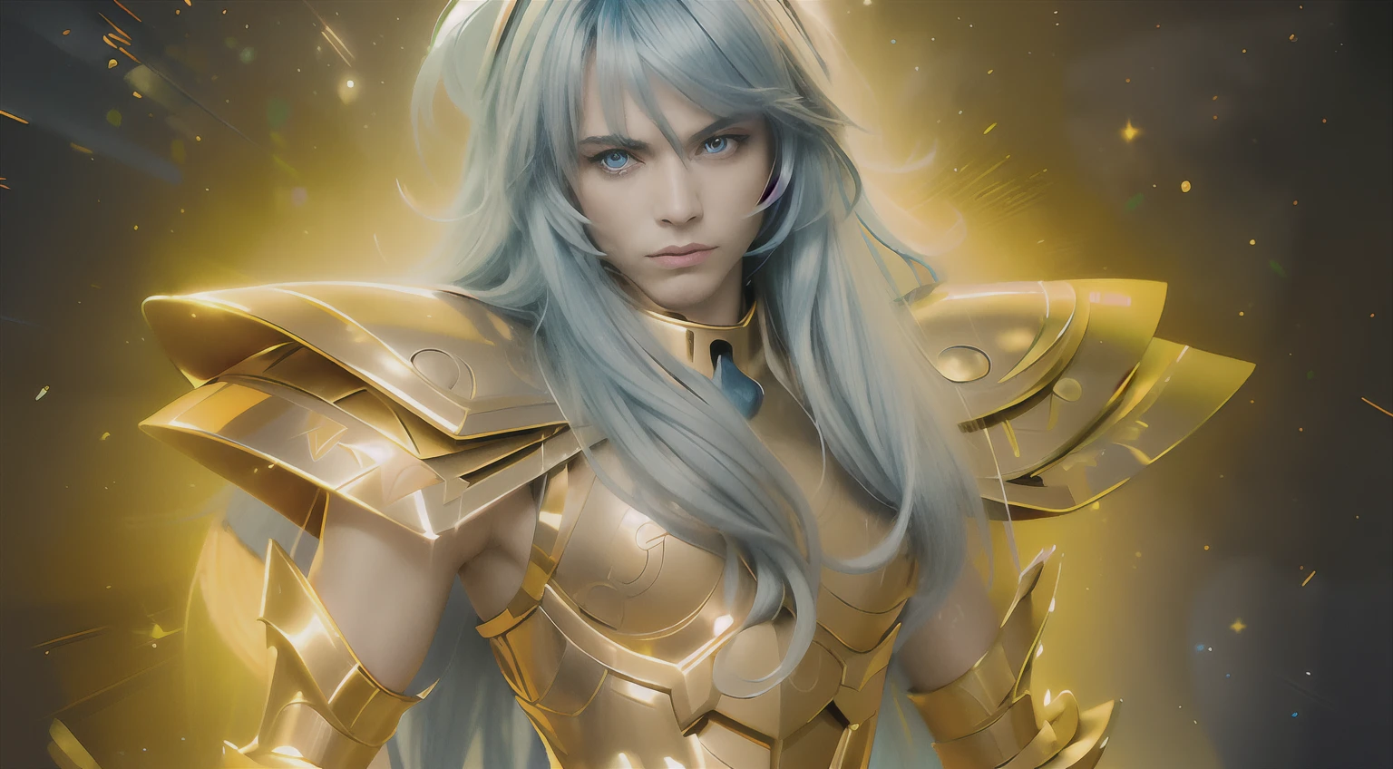 (masterpiece), (realistic) , close up portrait of a man, (male), 35 years old, Swedish, (1boy), solo, serious, looking at viewer, pretty handsome man, ((pretty big blue eyes)) (delicate face)), ((androgynous face)), (delicate lavender lips), wearing an medieval armor, (full body armor), (golden armor), (chrome gold armor), (detailed armor), (ornate armor), long straight ight blue hair, (hair blowing in wind), (hair bangs), upper body, cosmic golden rain background, cinematic lighting, ((beardless)) ((perfect big blue eyes)).
