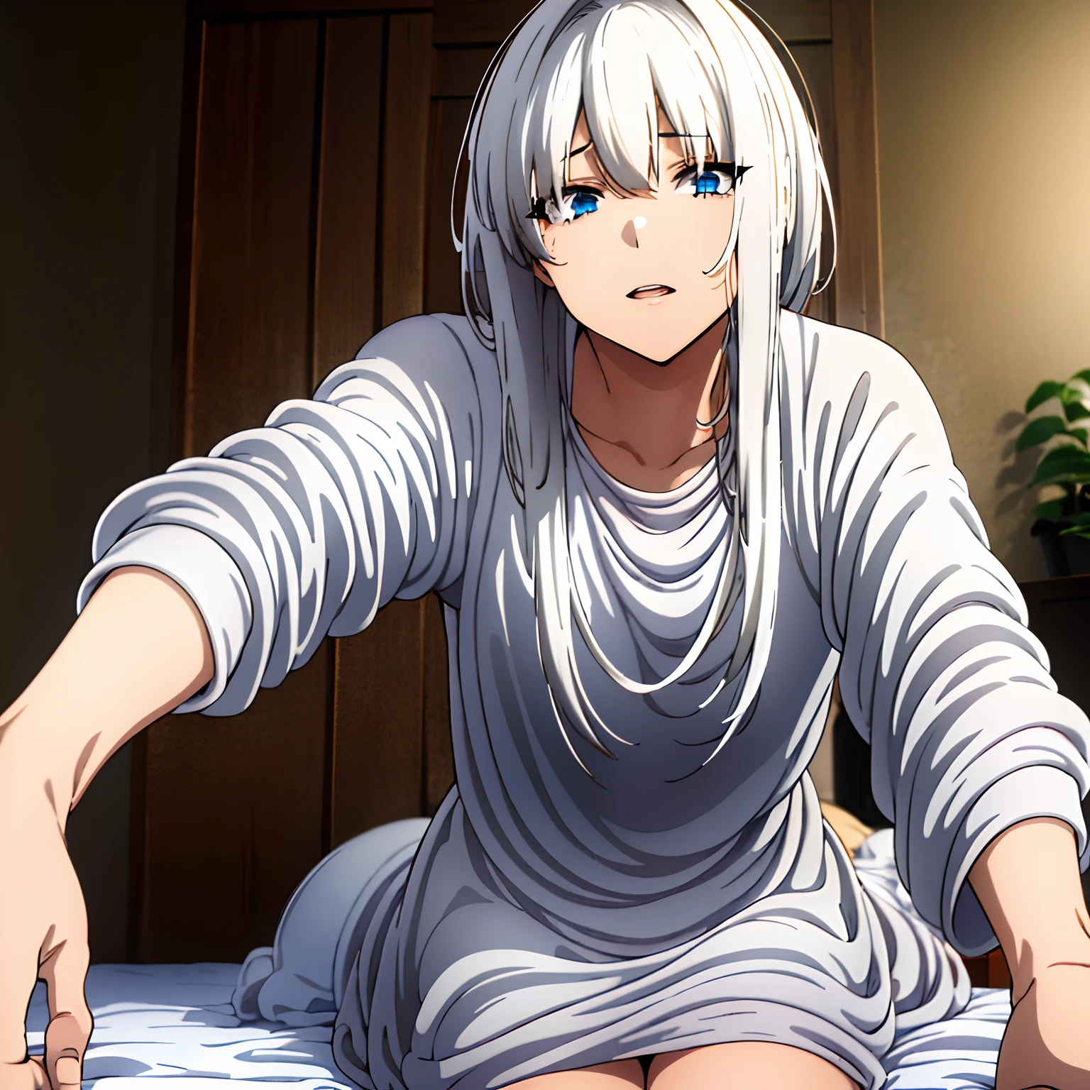 (best quality,4k,highres,masterpiece:1.2),ultra-detailed,realistic,anime,NSFW,white hair,ragged hair,unstable,dirty,unkempt,short hair,messy hair,crazed expression,bareing teeth,blue eyes,wearing a tight shirt,casual clothes,background with dark colors,shadowy lighting,dark lighting,humid atmosphere,sexual undertones,suggestive pose,lush vegetation,unsettling vibe,littered with discarded objects,intirior,messy room.